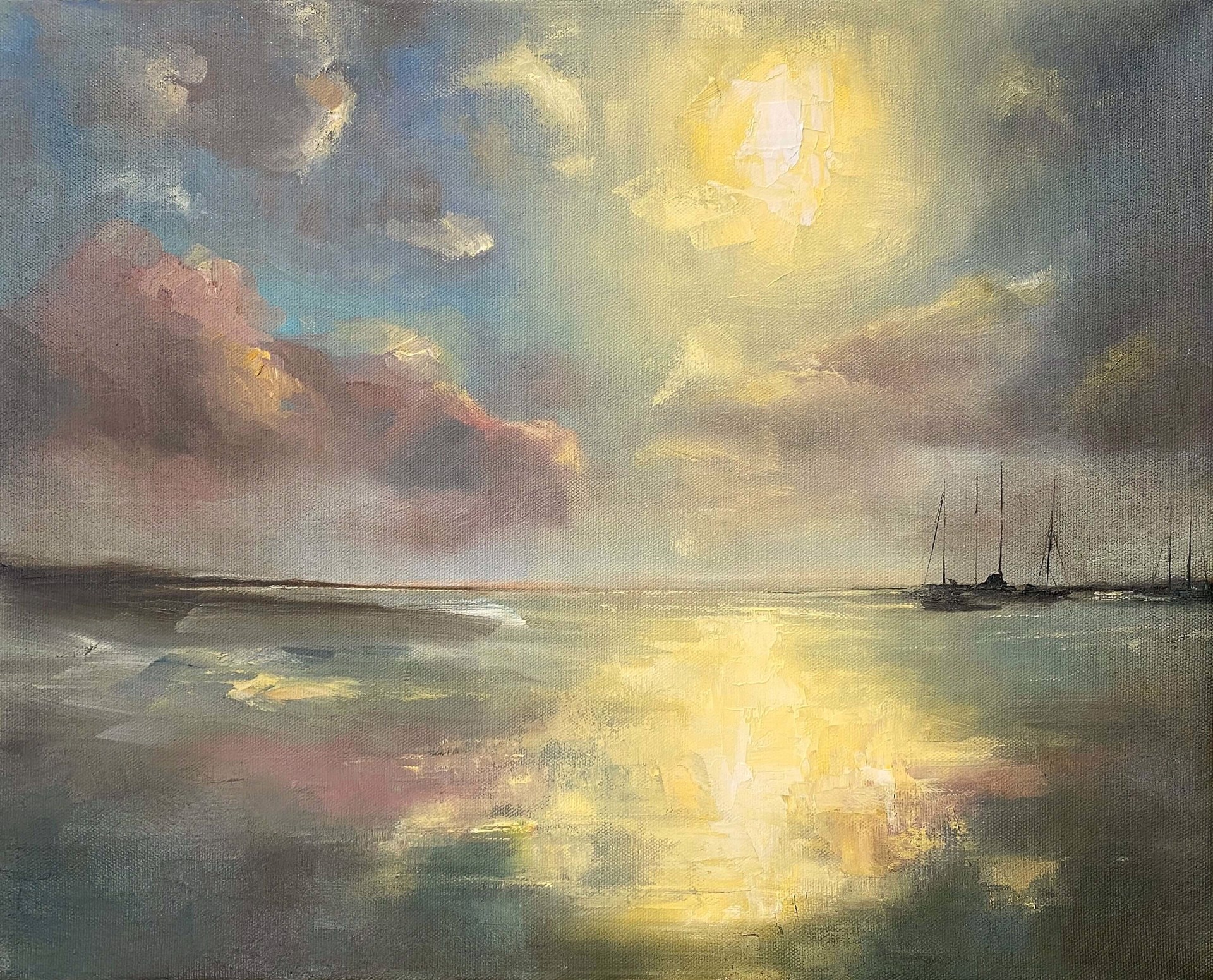 A seascape painting of a calm bay at sunset with anchored sailboats.