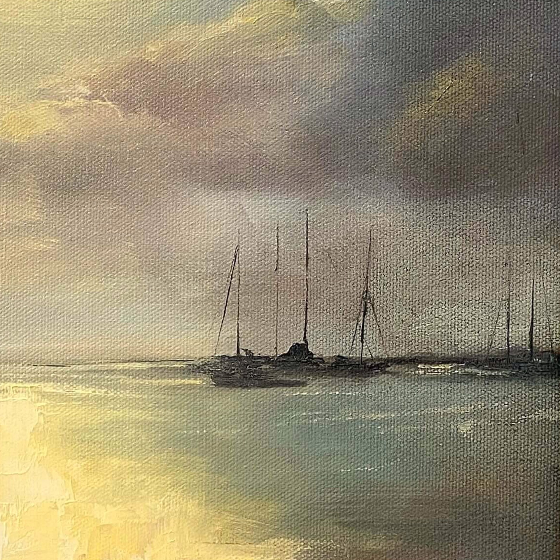 A seascape painting of a calm bay at sunset with anchored sailboats.
