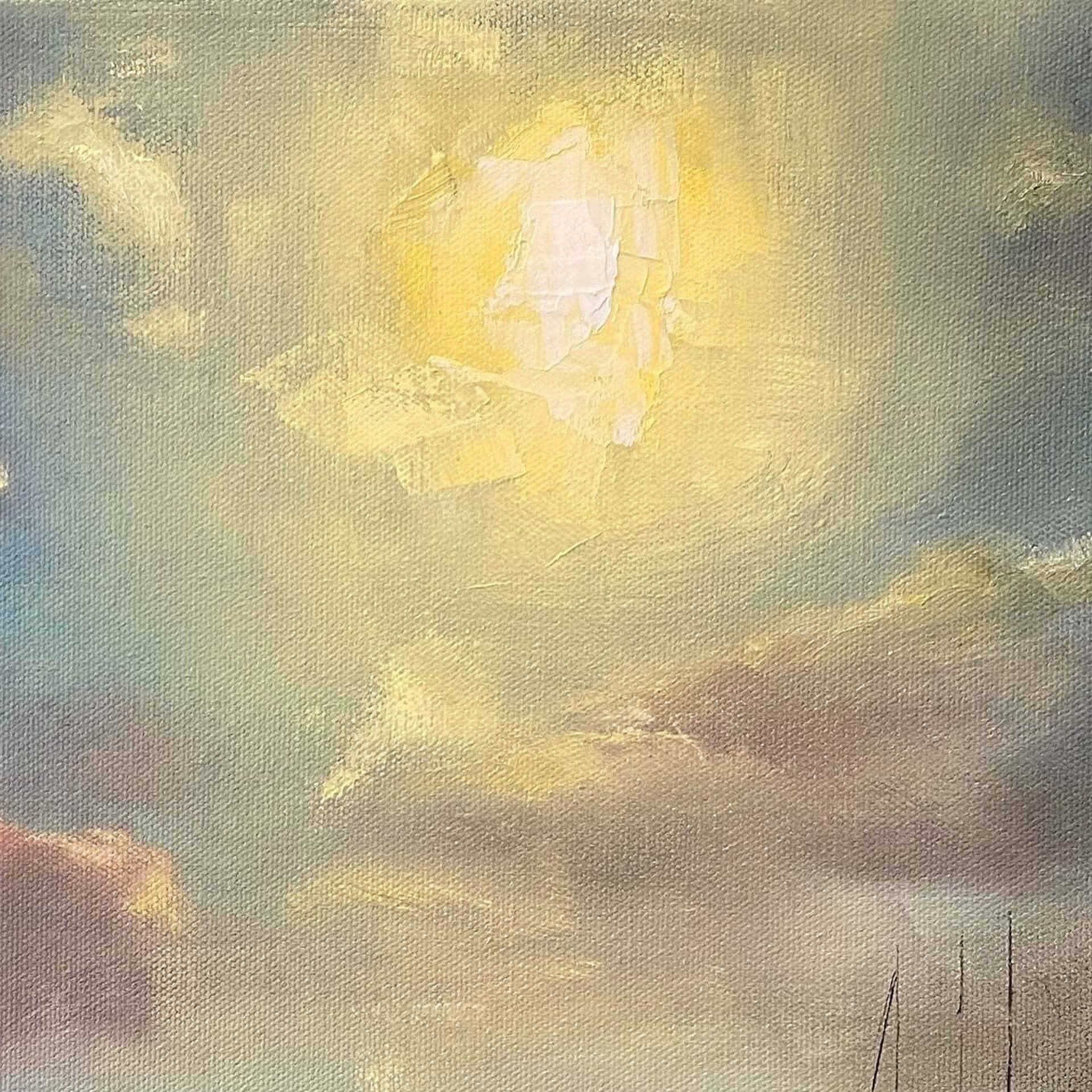 A seascape painting of a calm bay at sunset with anchored sailboats.