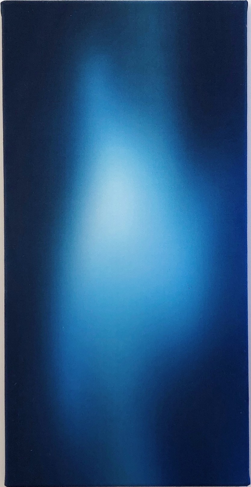 A minimalist abstract painting featuring a vertical gradient of blue tones.