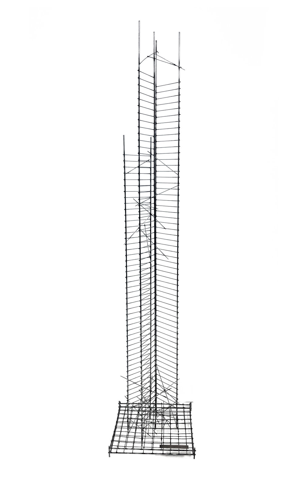 A tall, minimalist sculpture featuring a grid-like base and vertical wire structures against a stark white background.