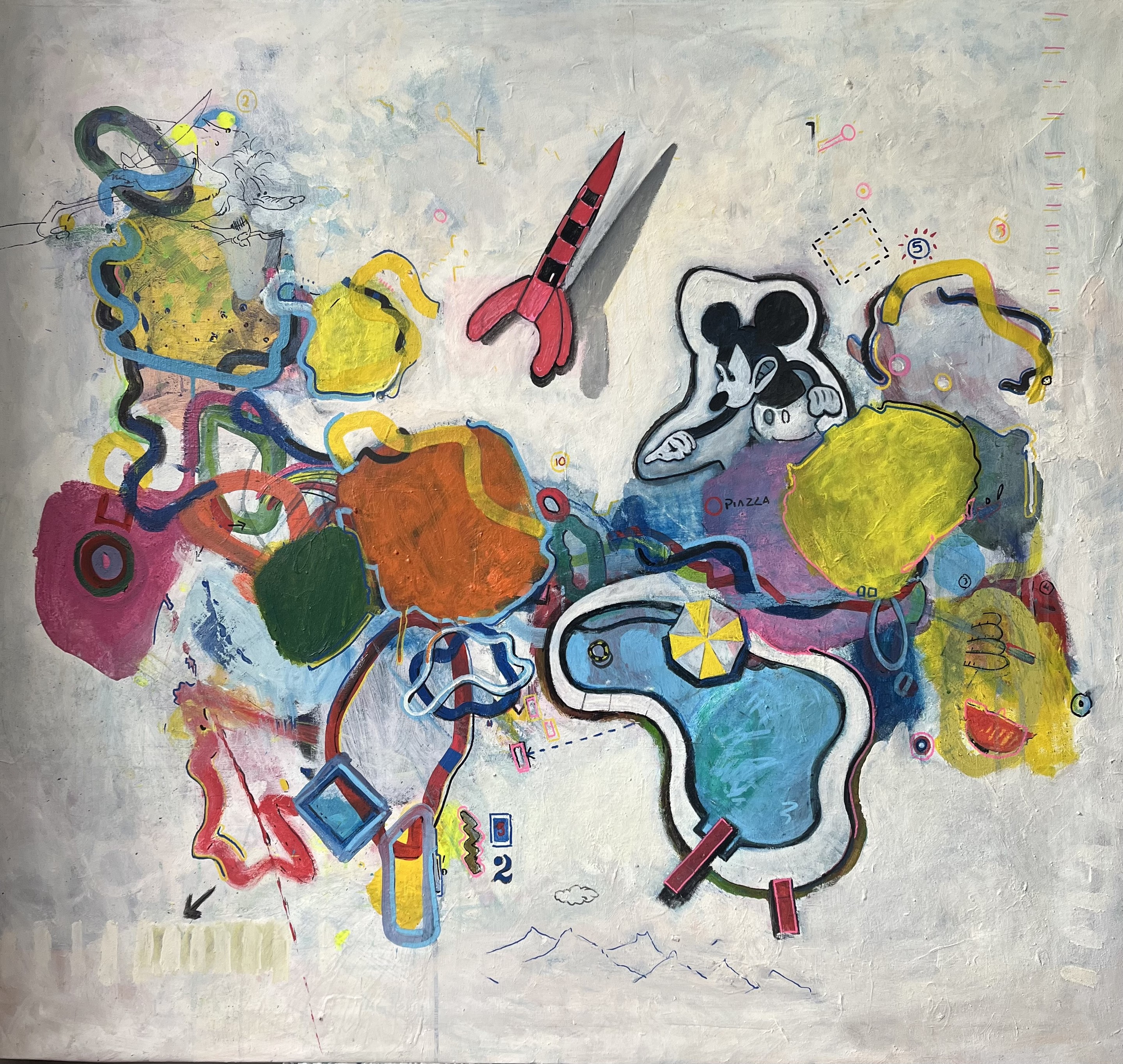 A painting on a wall with a bunch of different things on it.