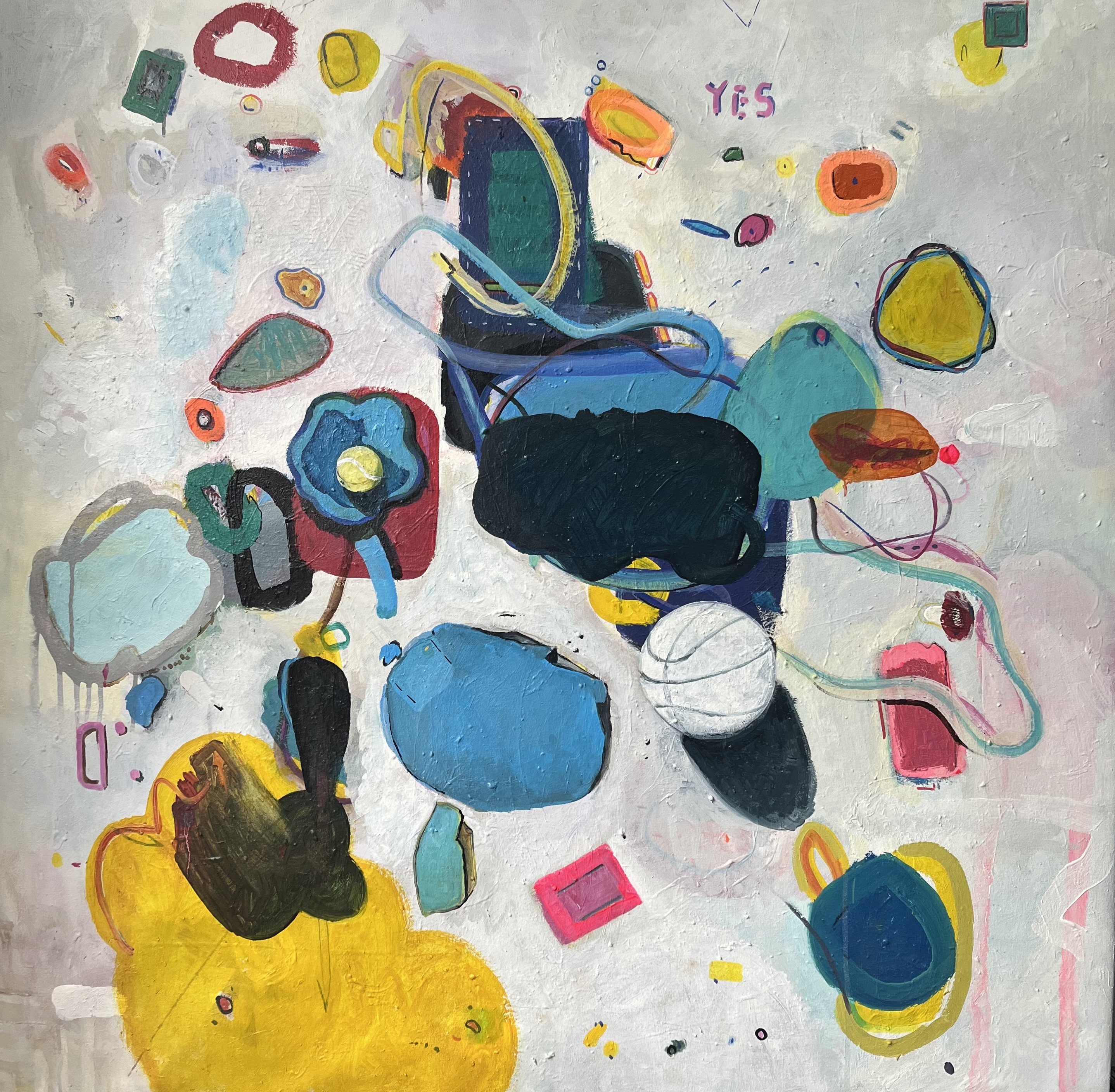 A vibrant abstract composition featuring a chaotic arrangement of colorful shapes and forms against a textured white background.