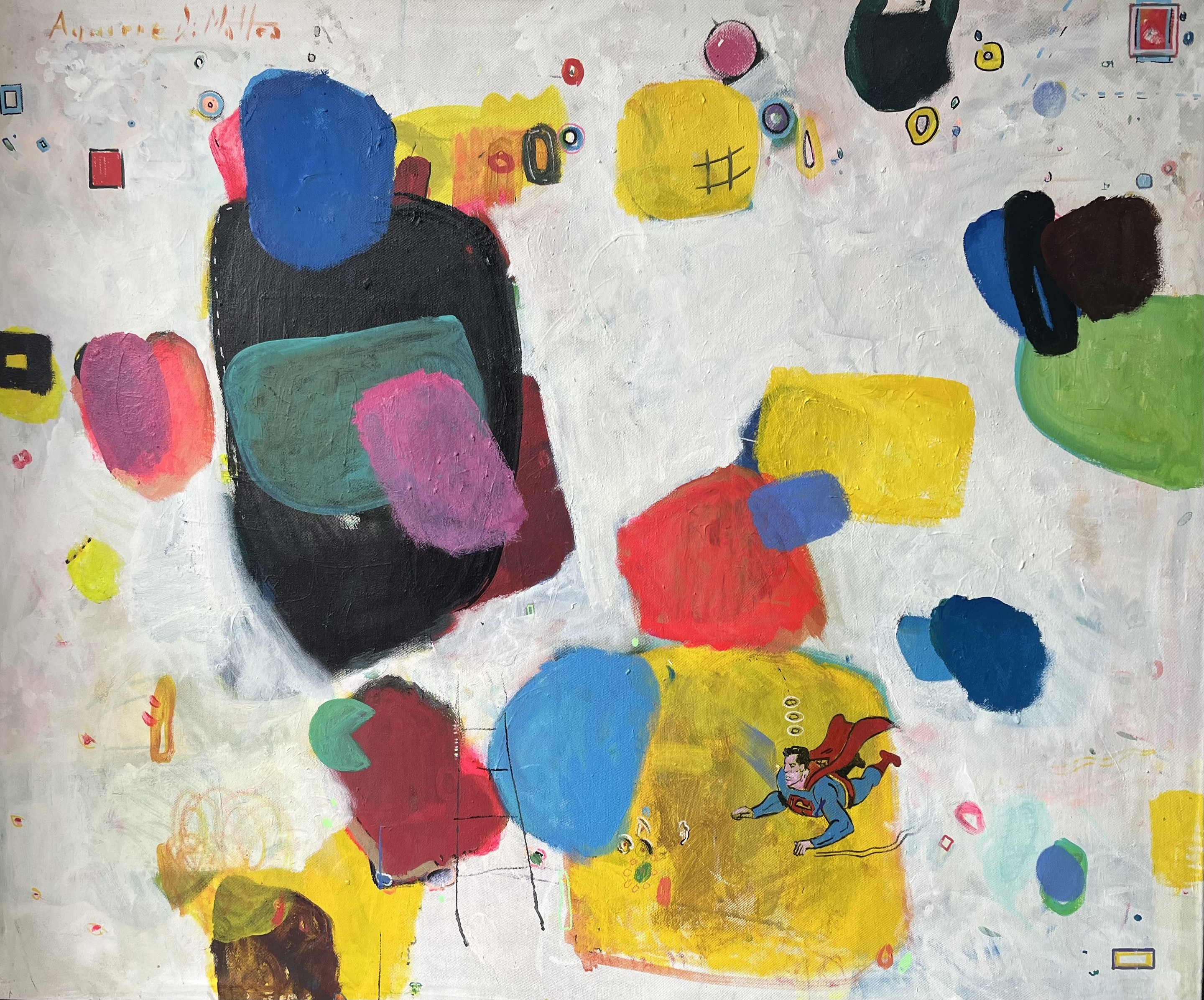 A painting of a man flying through the air surrounded by colorful shapes.