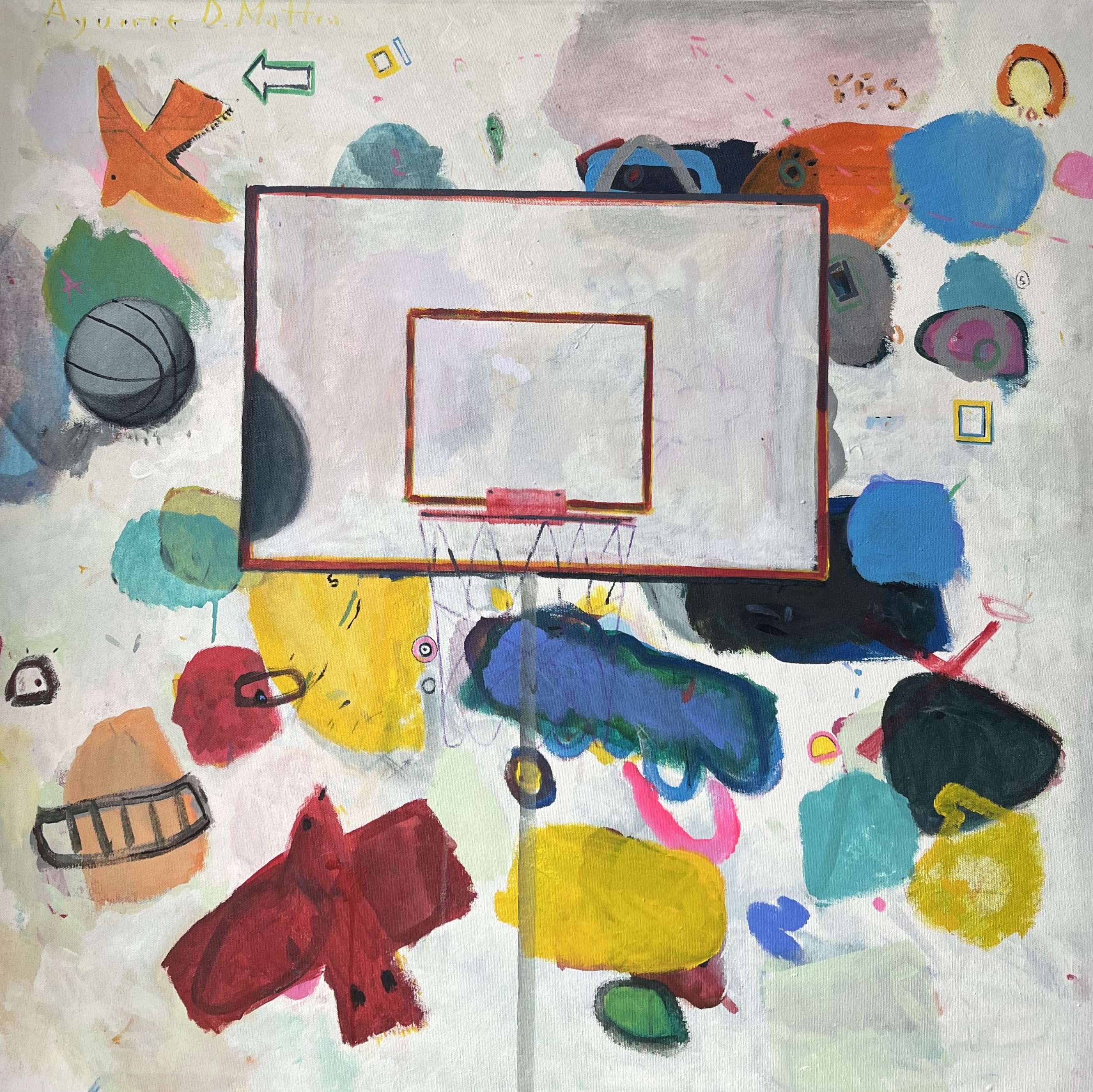 A painting of a basketball hoop surrounded by various objects.