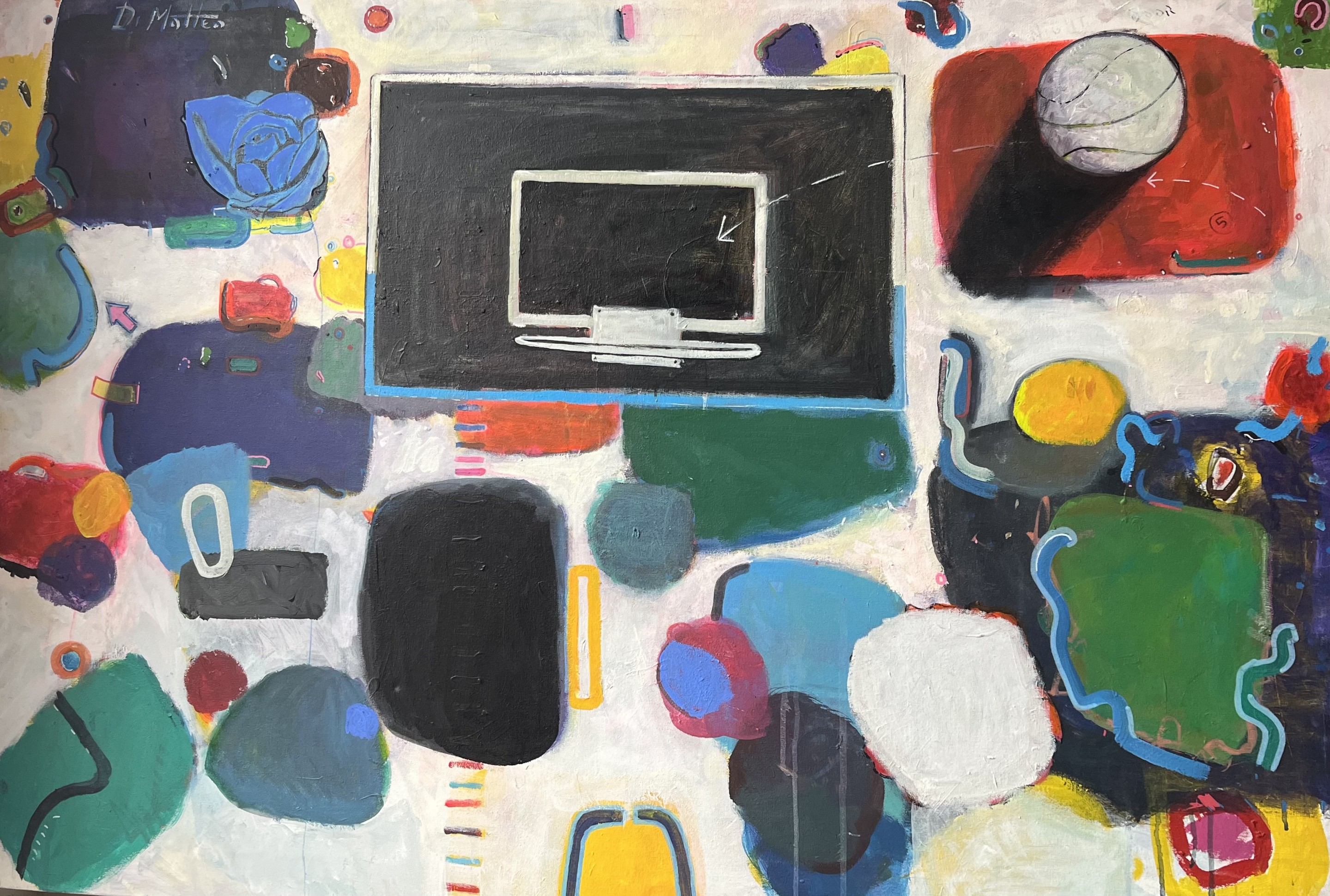 A painting of a television on a table surrounded by various objects.