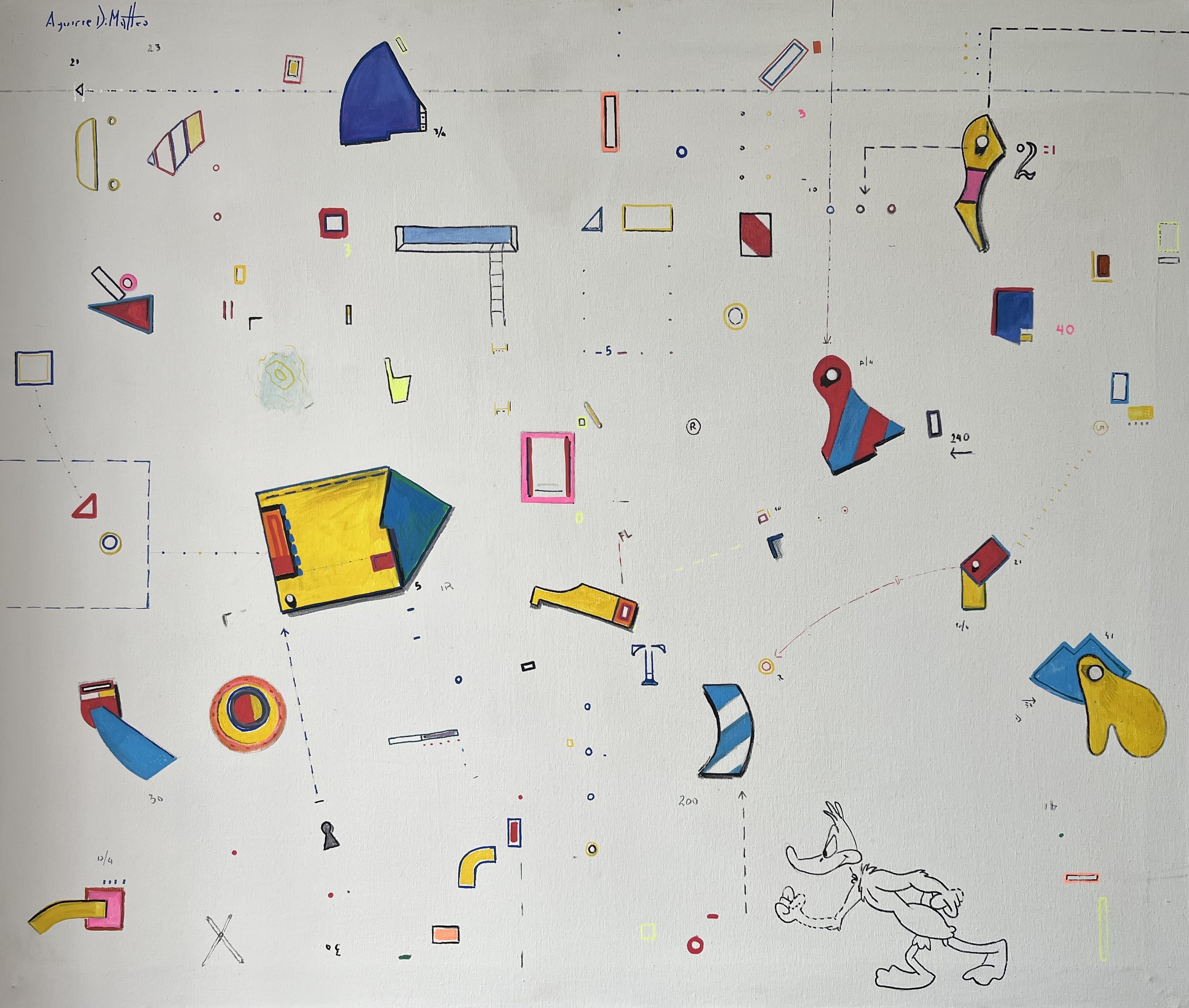 A chaotic collage of colorful geometric shapes and a cartoon figure on a white background.