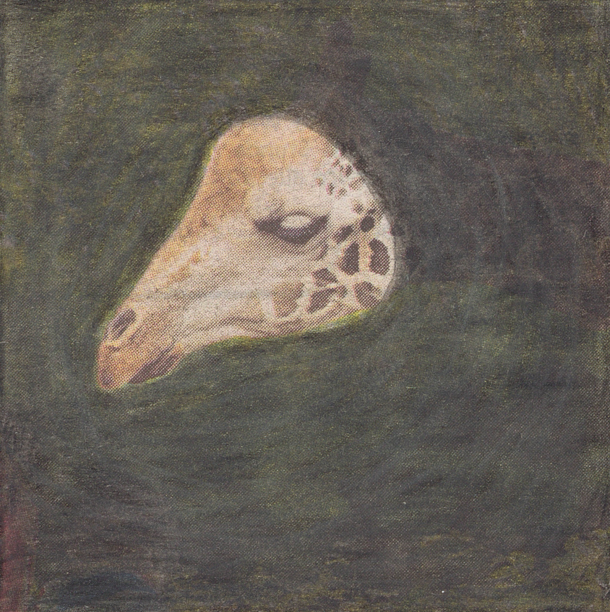 A painting of a giraffe peeking out of a hole in a wall.