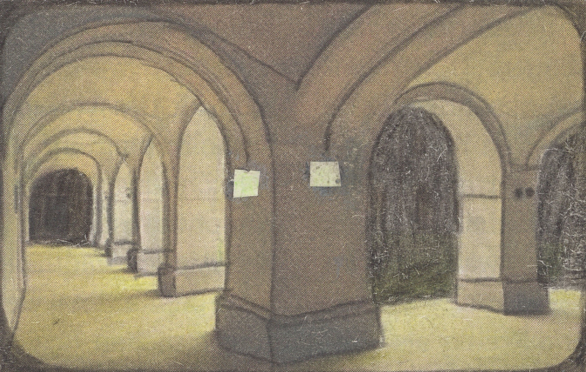 A drawing of an archway in a building with arches and pillars.