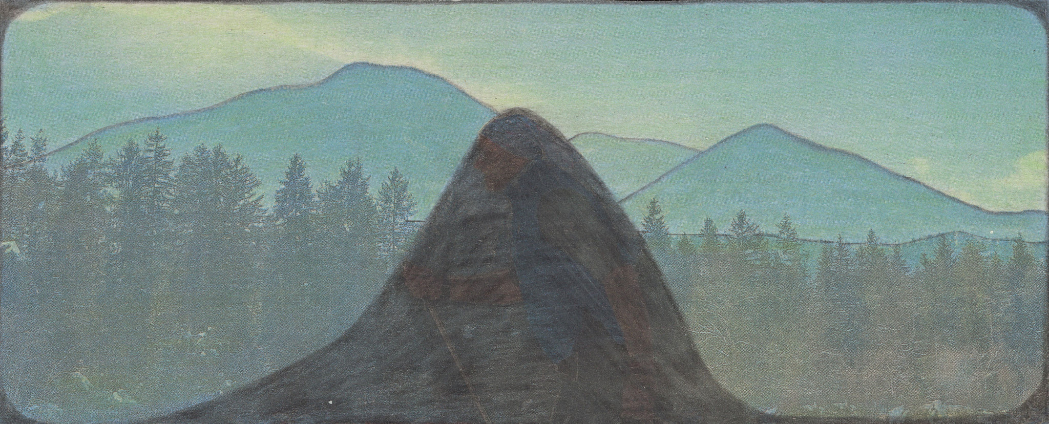 A painting of a mountain with trees in the foreground.