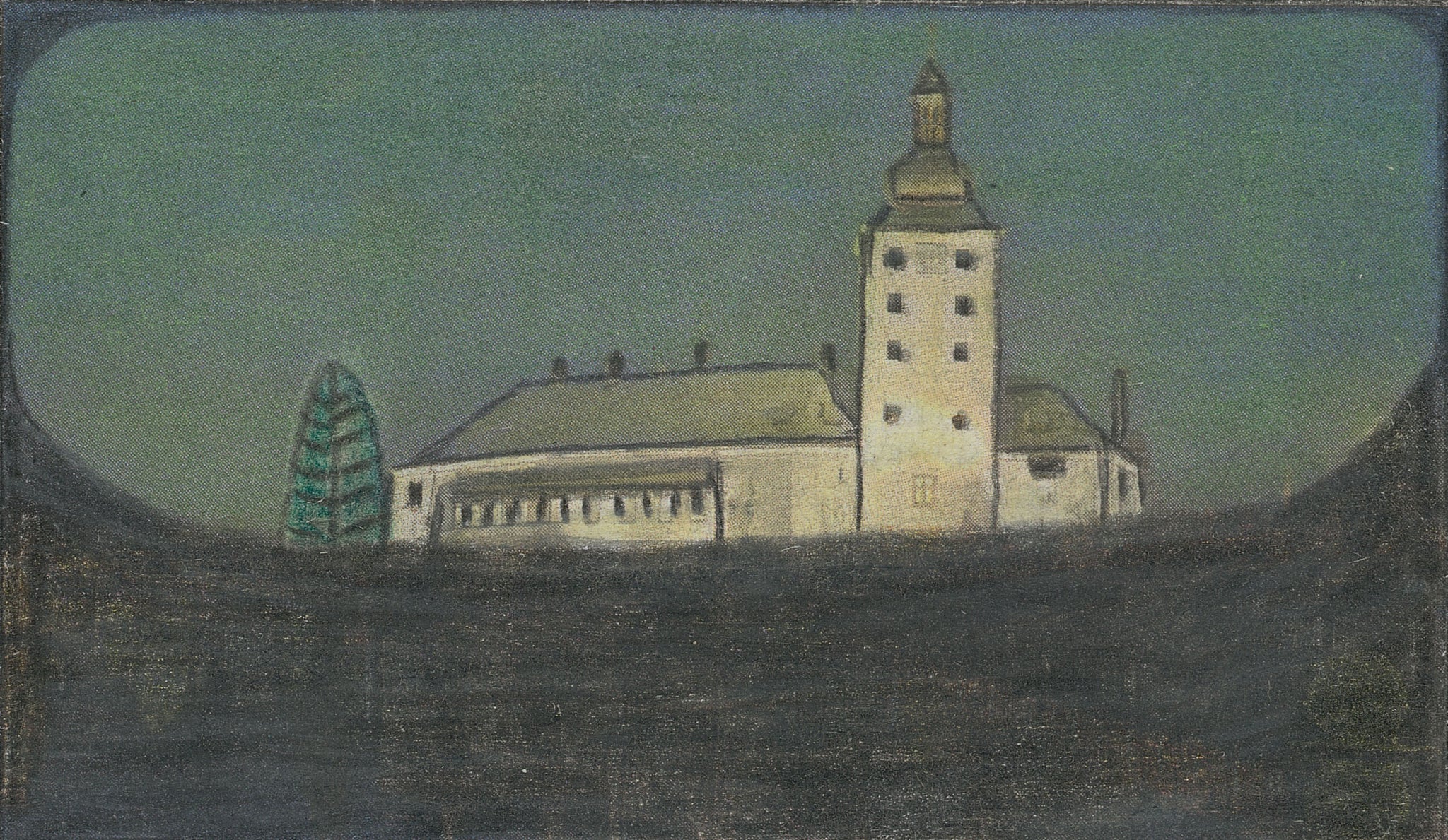 A painting of a church with a clock tower in the background.