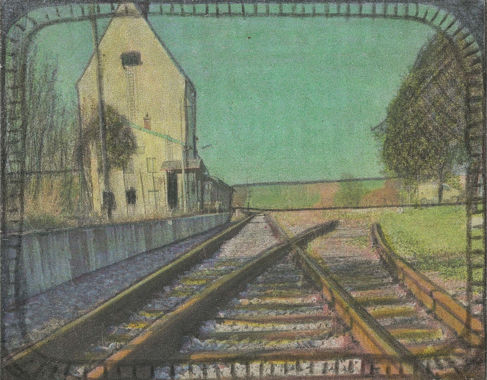 A painting of a train track with a church in the background.