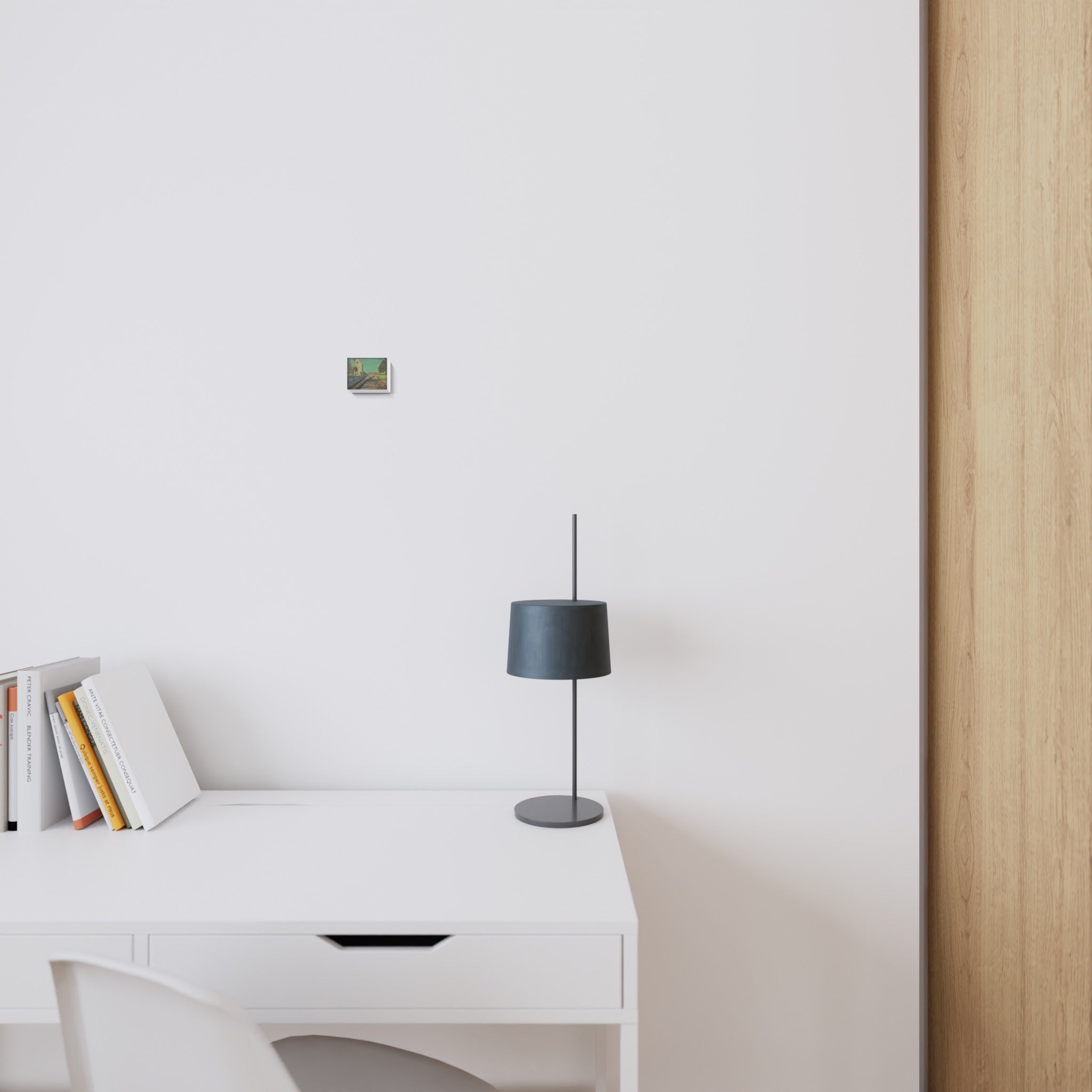 A painting of a train track with a church in the background.