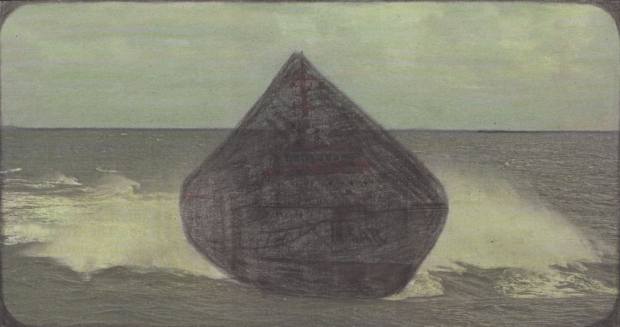 A drawing of a boat in the middle of a stormy sea.