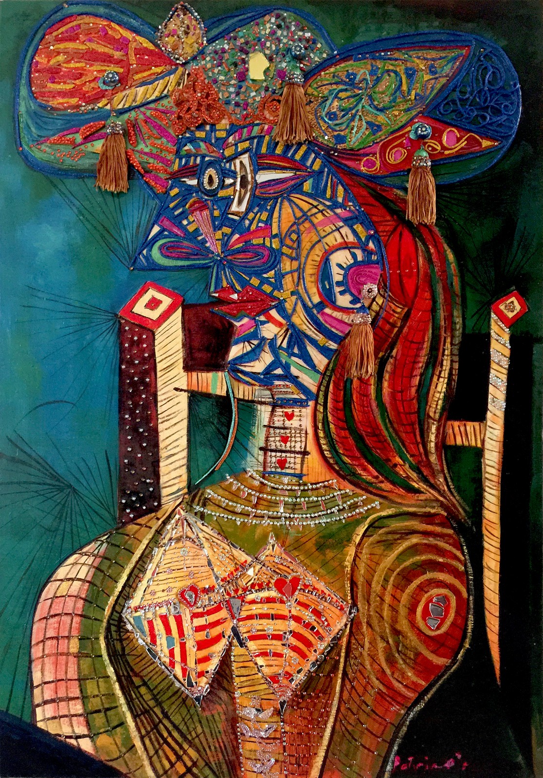 A vibrant, abstract portrait of a figure adorned with an ornate hat and intricate jewelry.