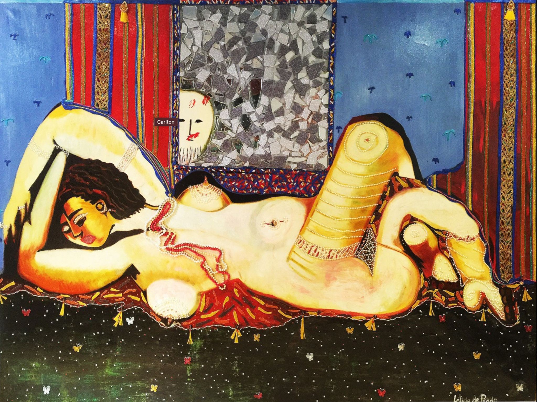 A painting of a woman laying on a bed.