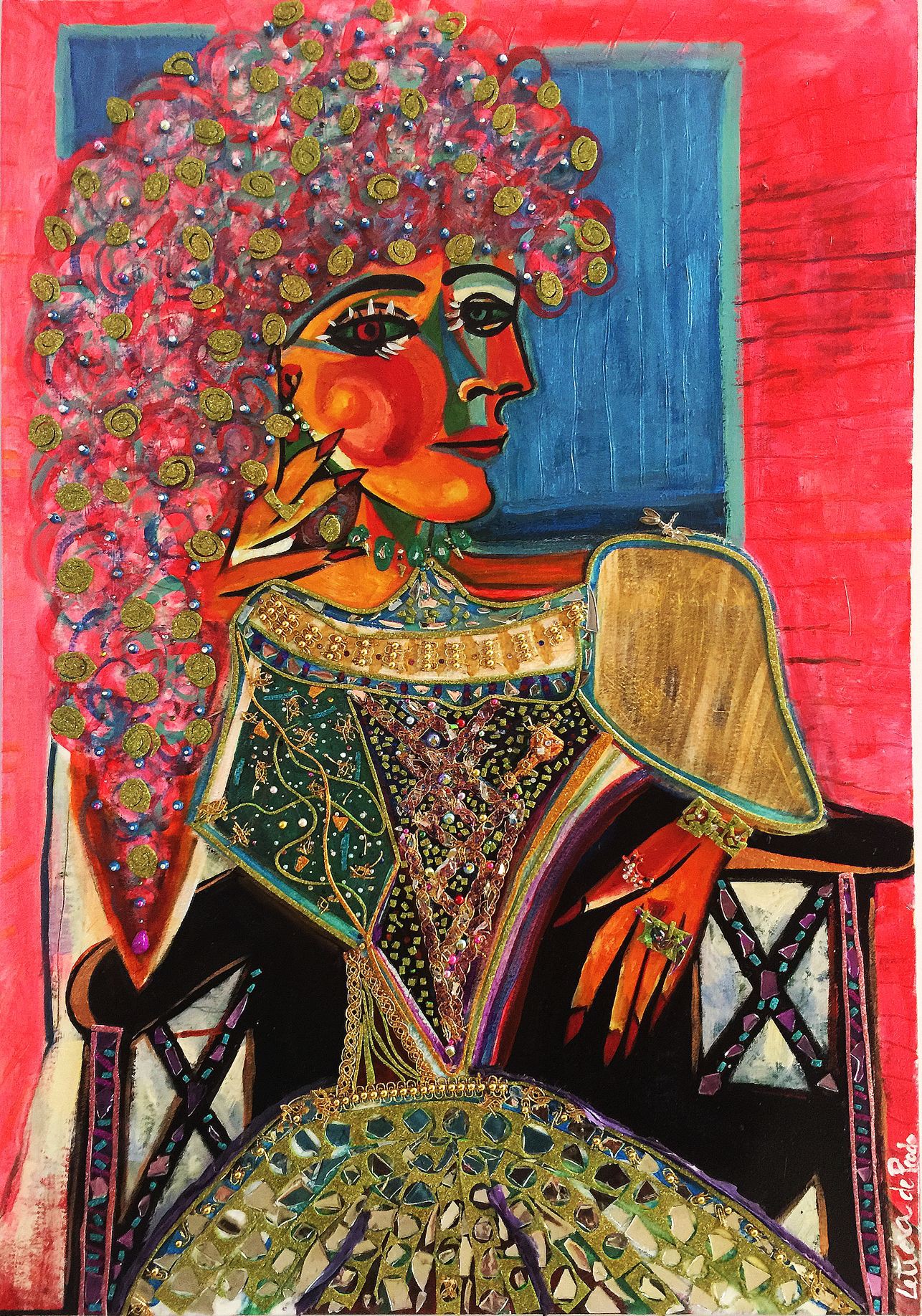 A vibrant portrait of a figure with an elaborate, textured afro and ornate attire against a bold red background.