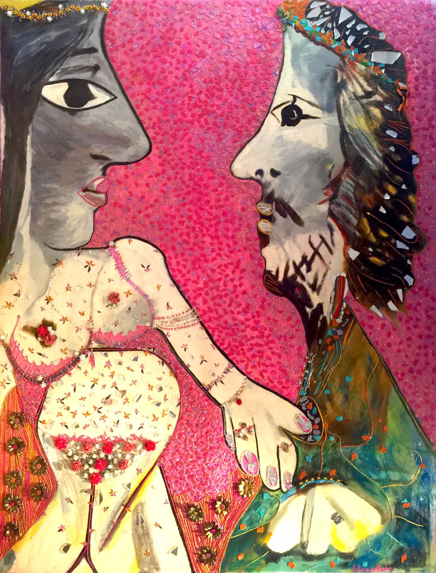 A vibrant profile portrait of two figures facing each other against a textured pink background.