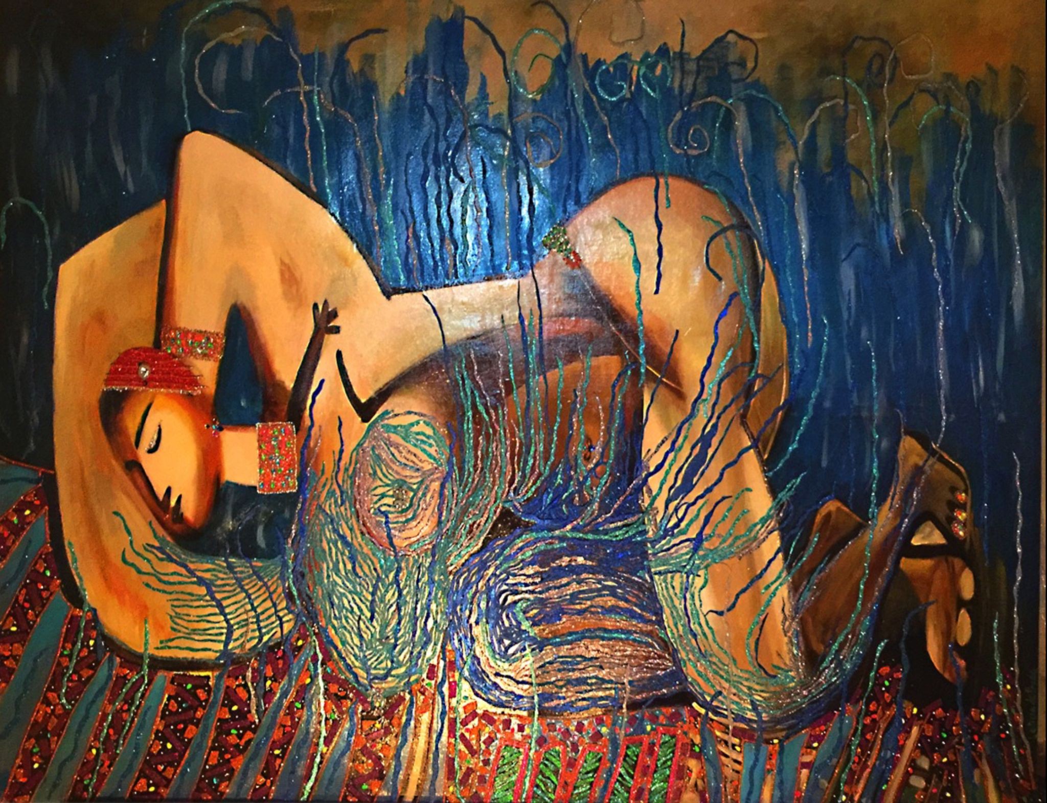 A painting of a woman laying down on a rug.