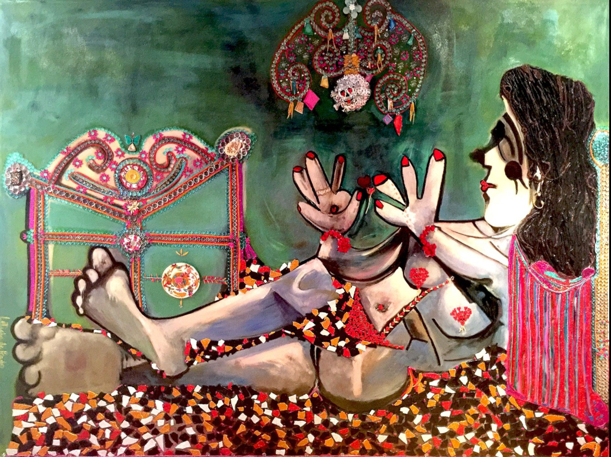 A painting of a woman sitting on a bed with her feet up.