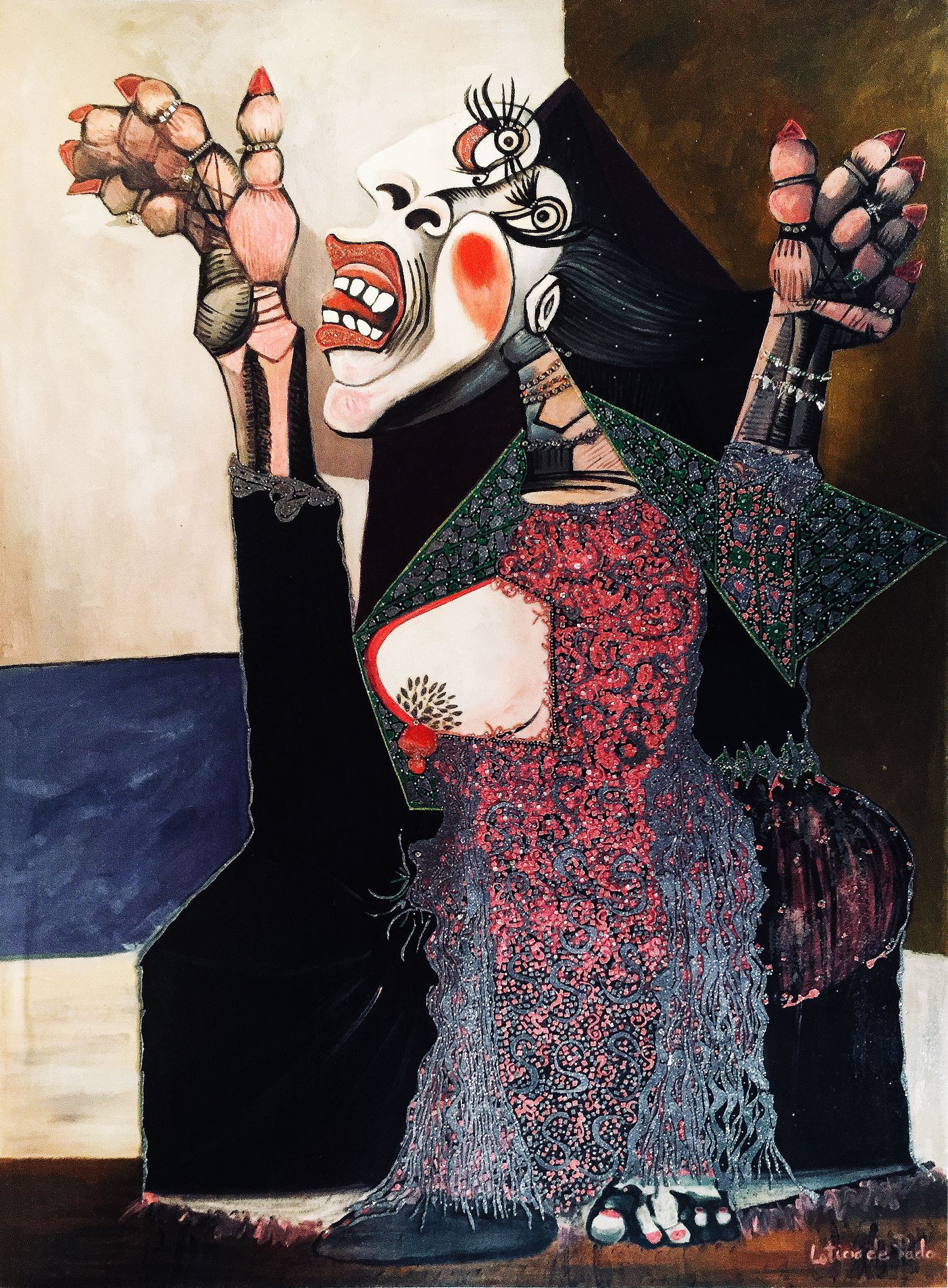 A painting of a woman in a red and black dress.