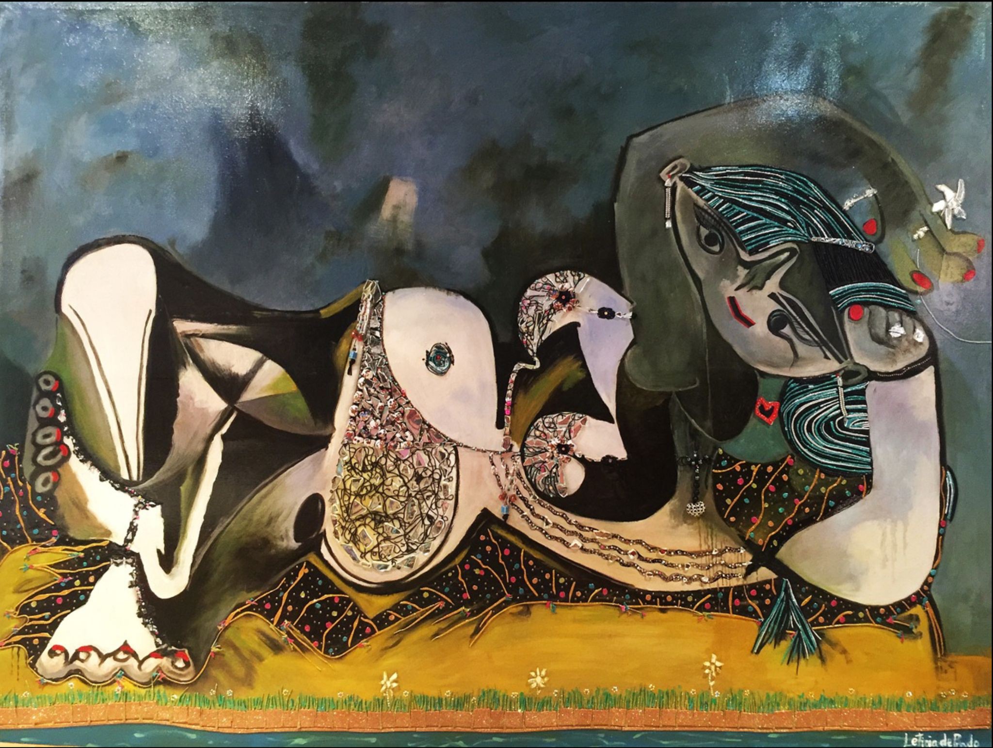 A surreal composition featuring a reclining figure and a bird-like creature against a moody, dark background.