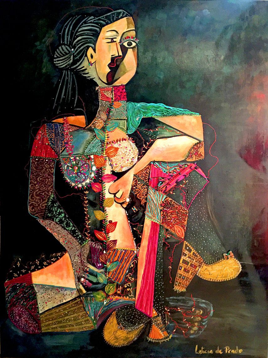 A vibrant, patchwork-style portrait of a seated figure with bold colors and expressive features.