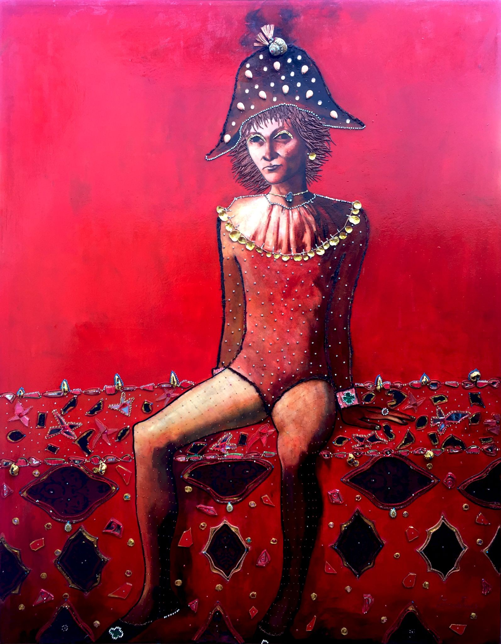 A striking portrait of a figure in a jeweled bodysuit and hat, seated against a vivid red background.