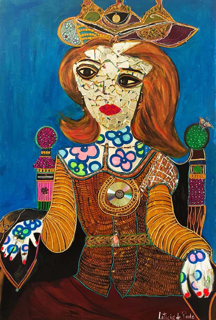 A vibrant portrait of a crowned figure with a mosaic face, richly patterned attire, and ornate accessories against a deep blue background.