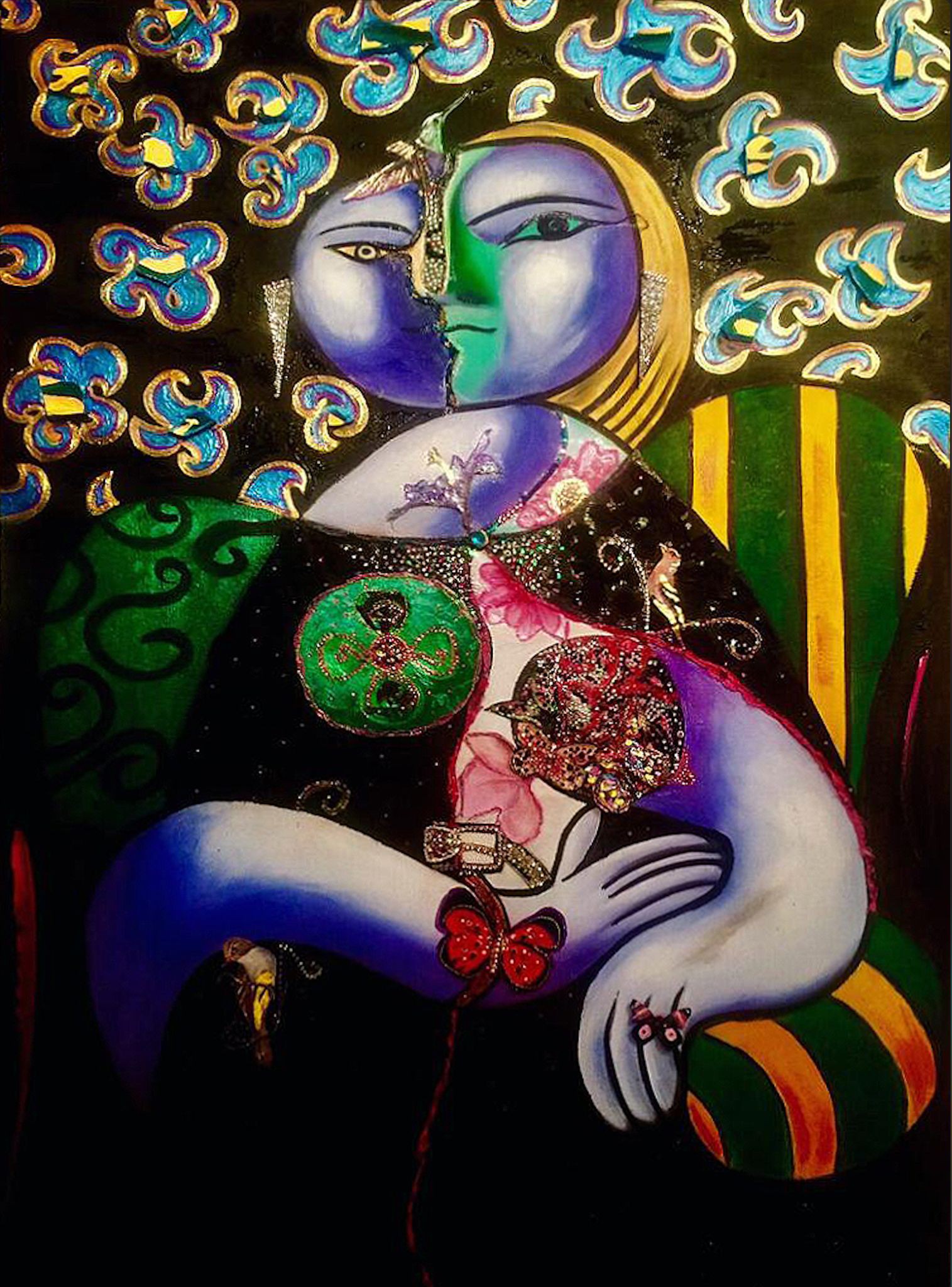 A surreal portrait of a figure with a split face, adorned in ornate clothing and surrounded by swirling patterns.