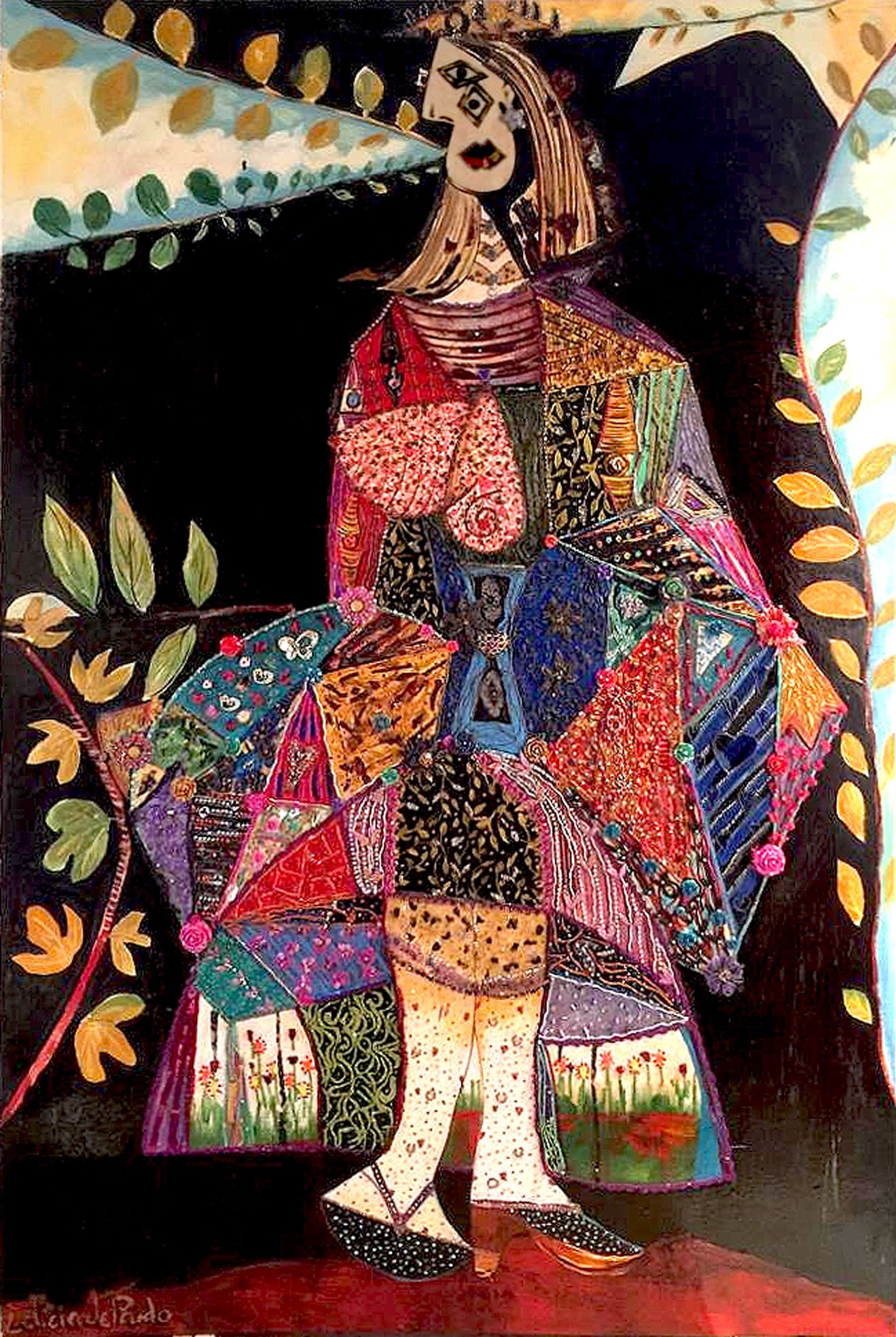 A vibrant, patchwork-style portrait of a figure in an elaborate dress against a dark background.