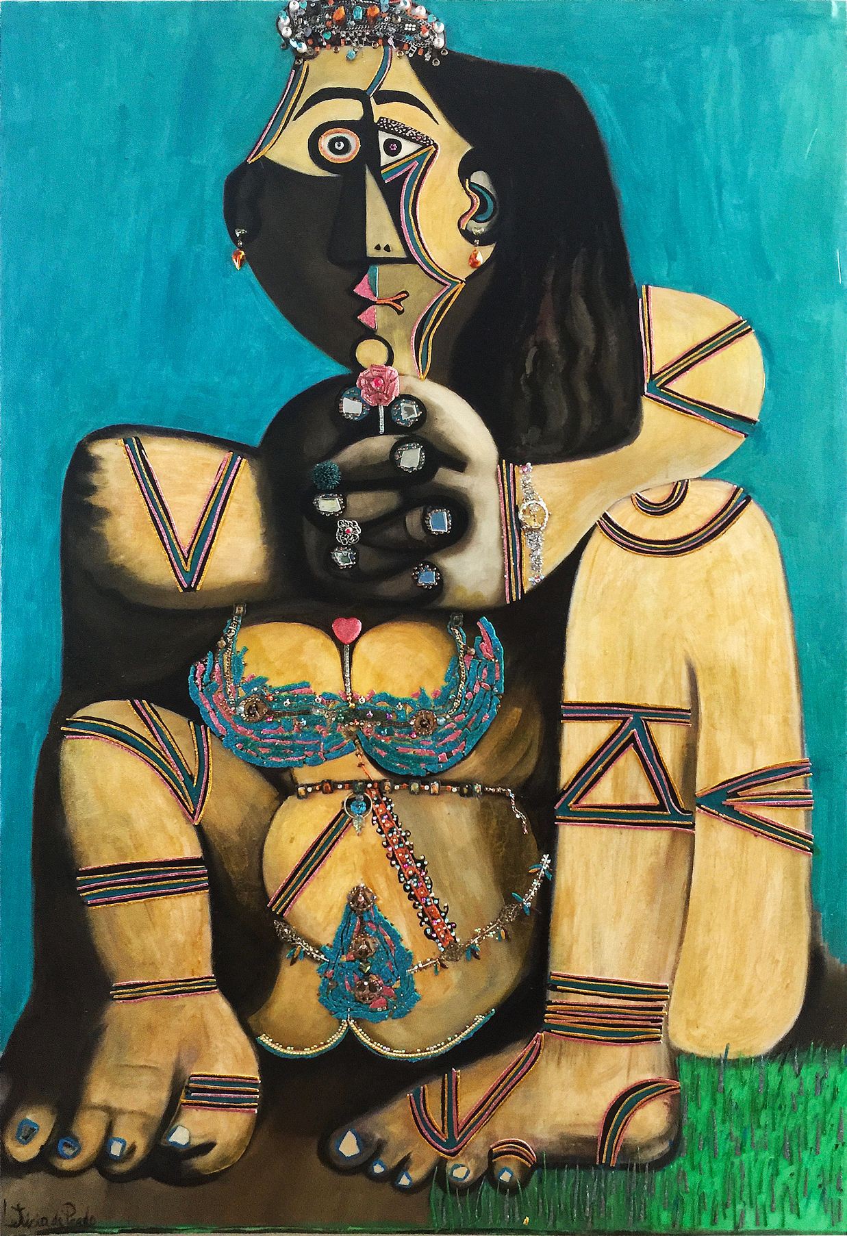 A painting of a woman sitting on the ground holding a flower.