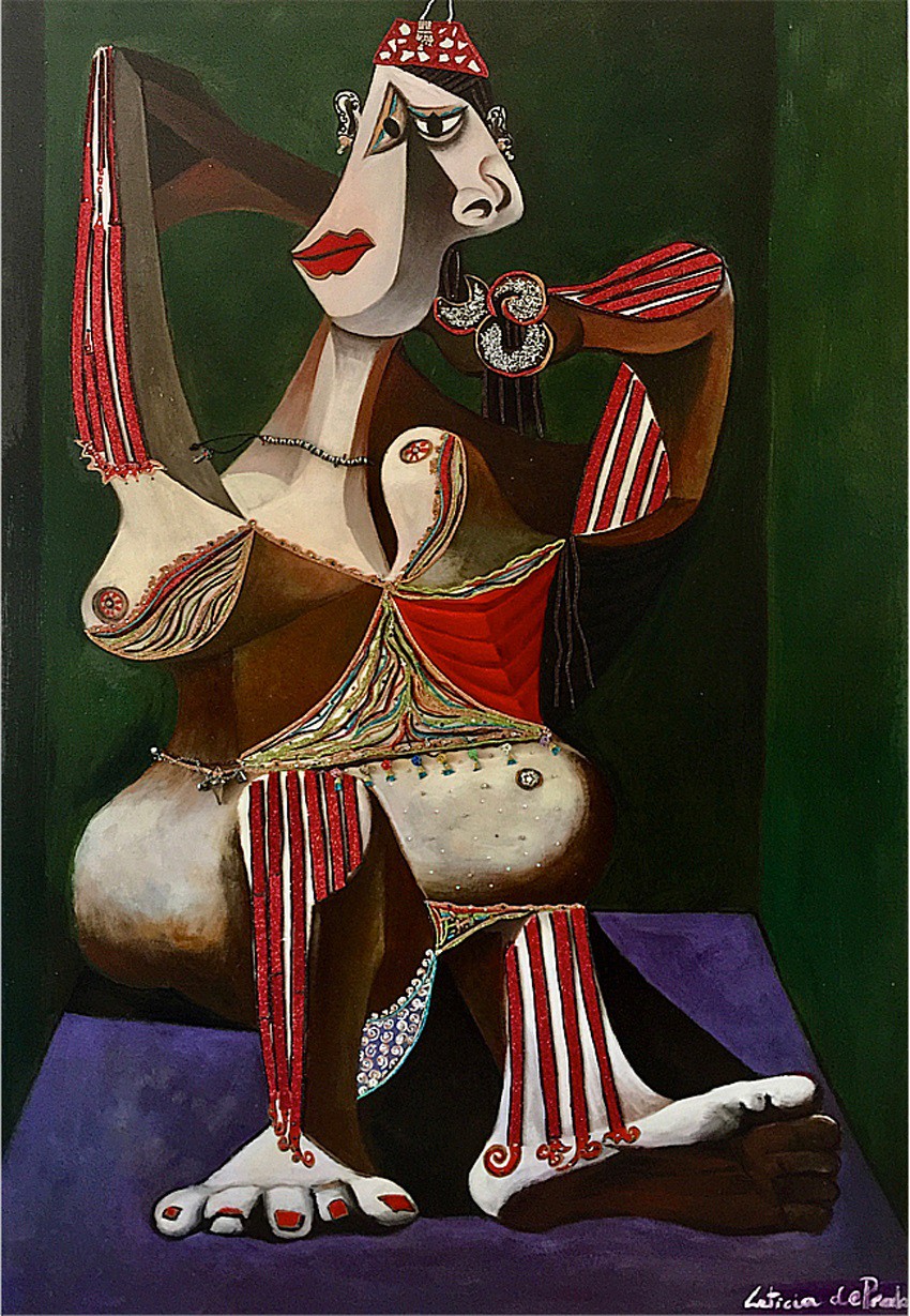 A painting of a woman sitting on a purple surface.