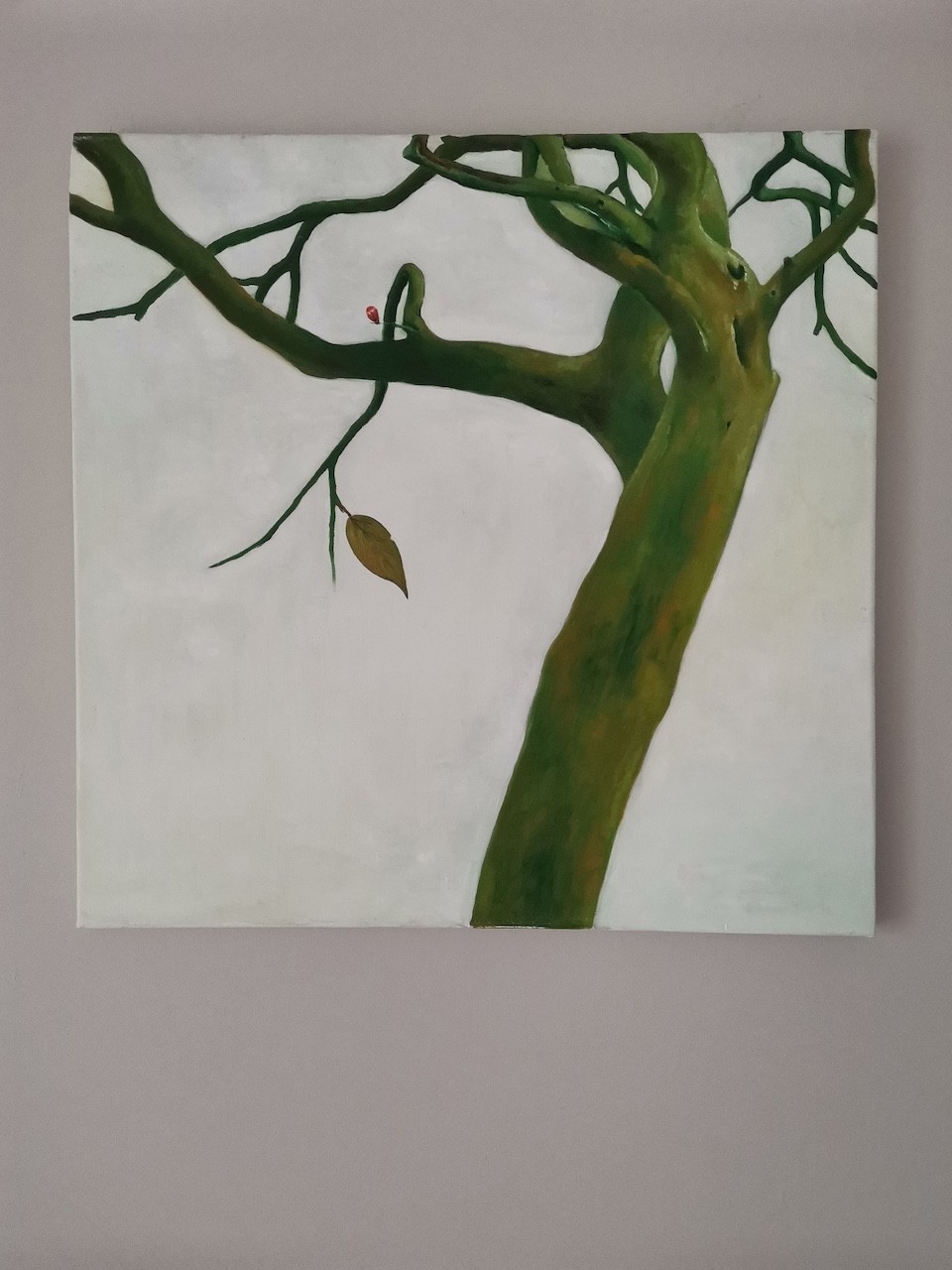 A solitary tree with a single leaf against a blank background.