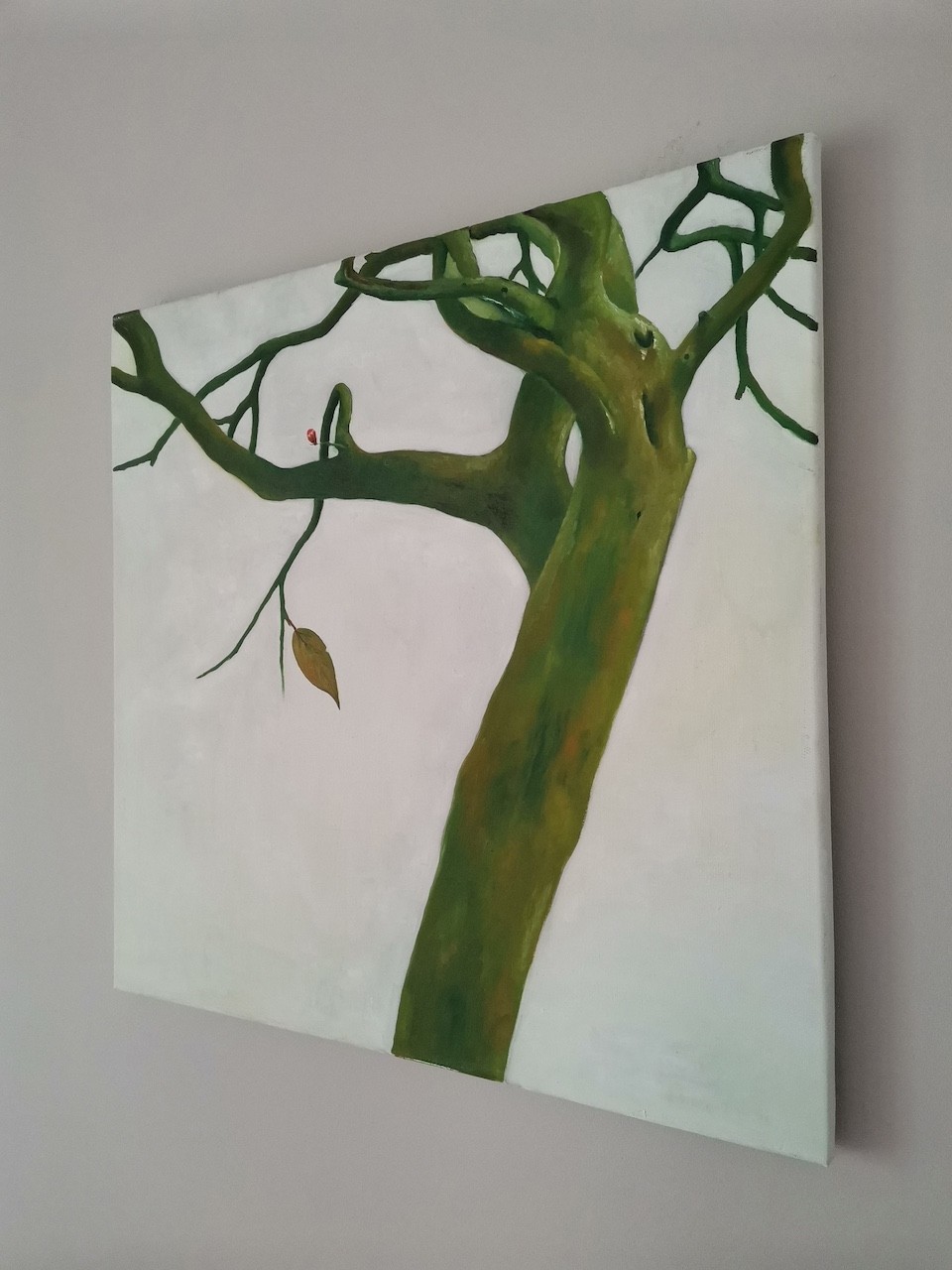 A solitary tree with a single leaf against a blank background.