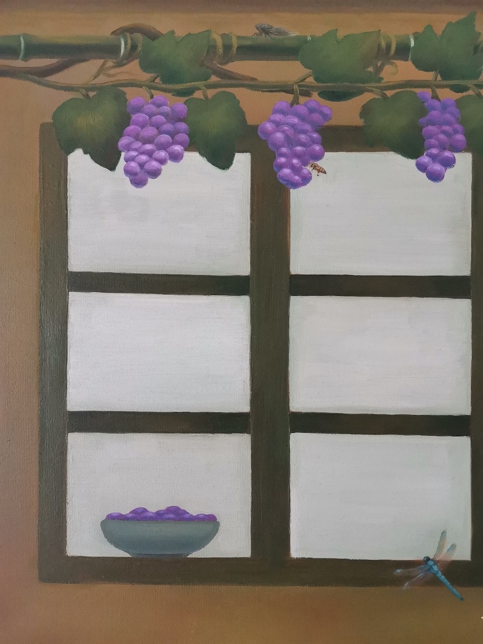 A still life painting of a window with hanging purple grapes and a dragonfly.