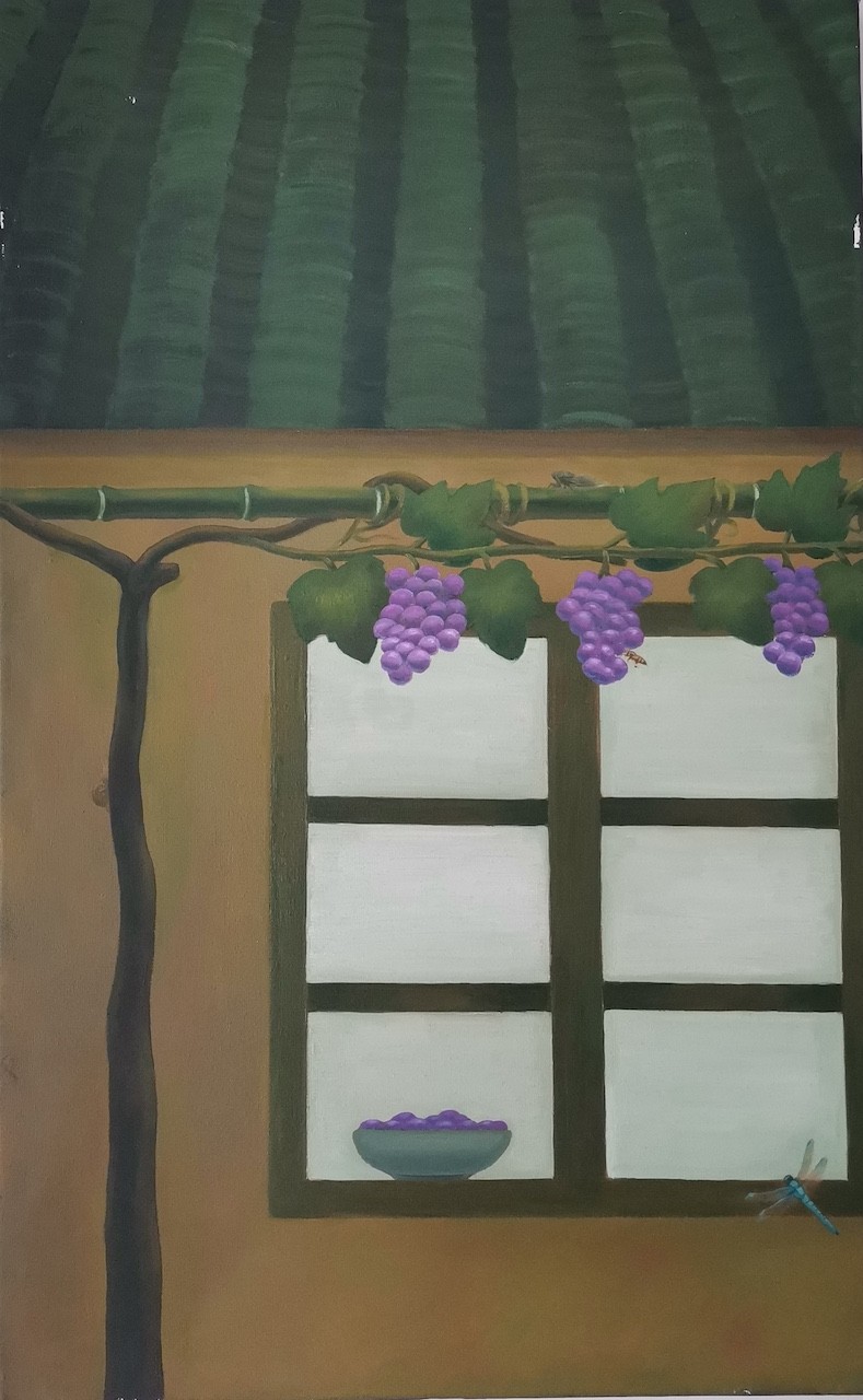A still life painting of a window with hanging purple grapes and a dragonfly.