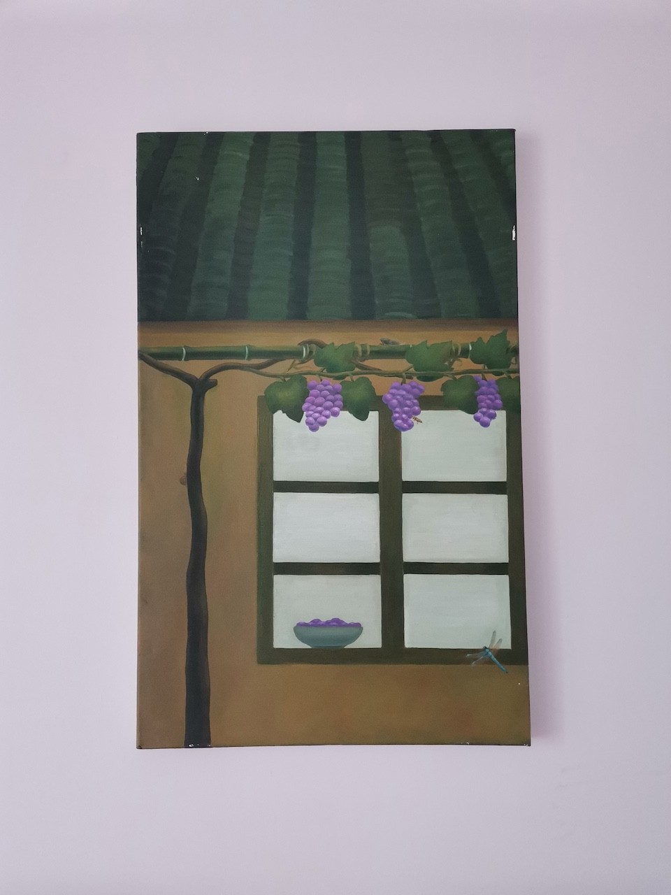 A still life painting of a window with hanging purple grapes and a dragonfly.