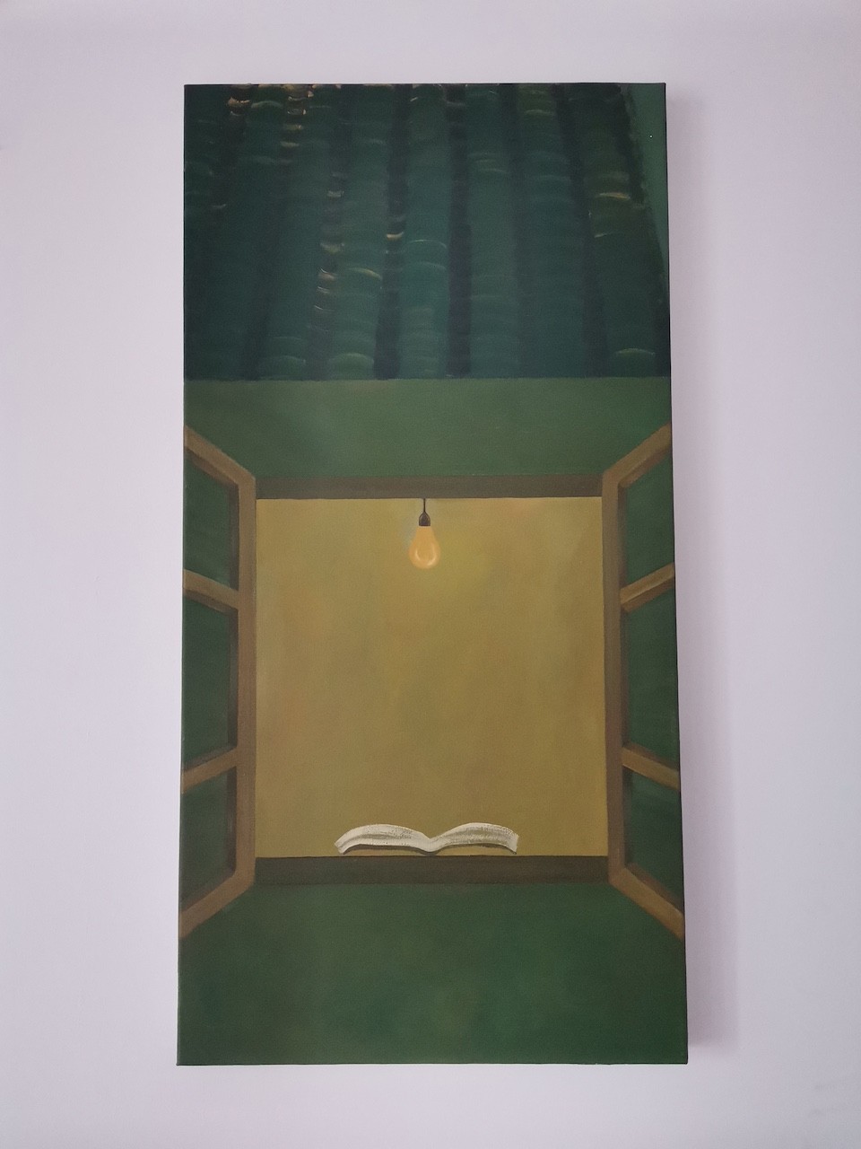 A surreal painting of an open window revealing a small room with a single lightbulb and an open book.