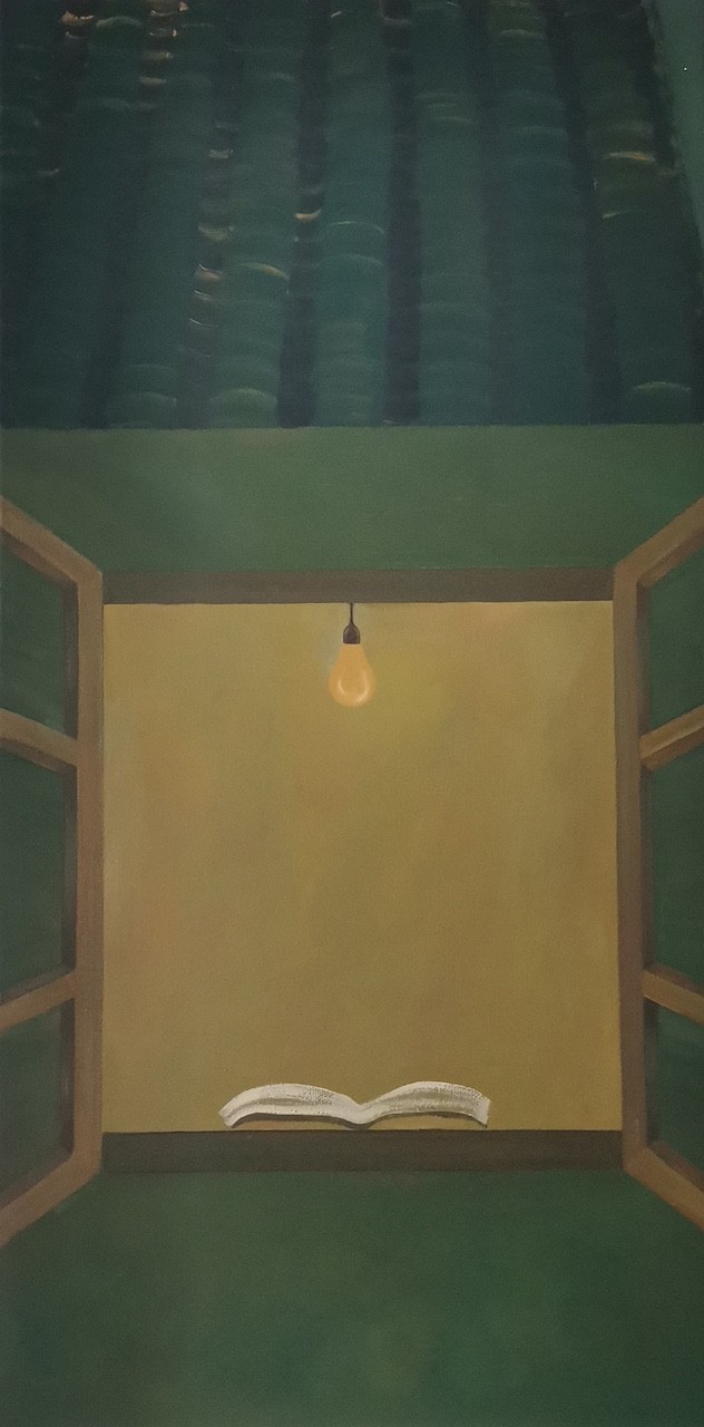 A surreal painting of an open window revealing a small room with a single lightbulb and an open book.