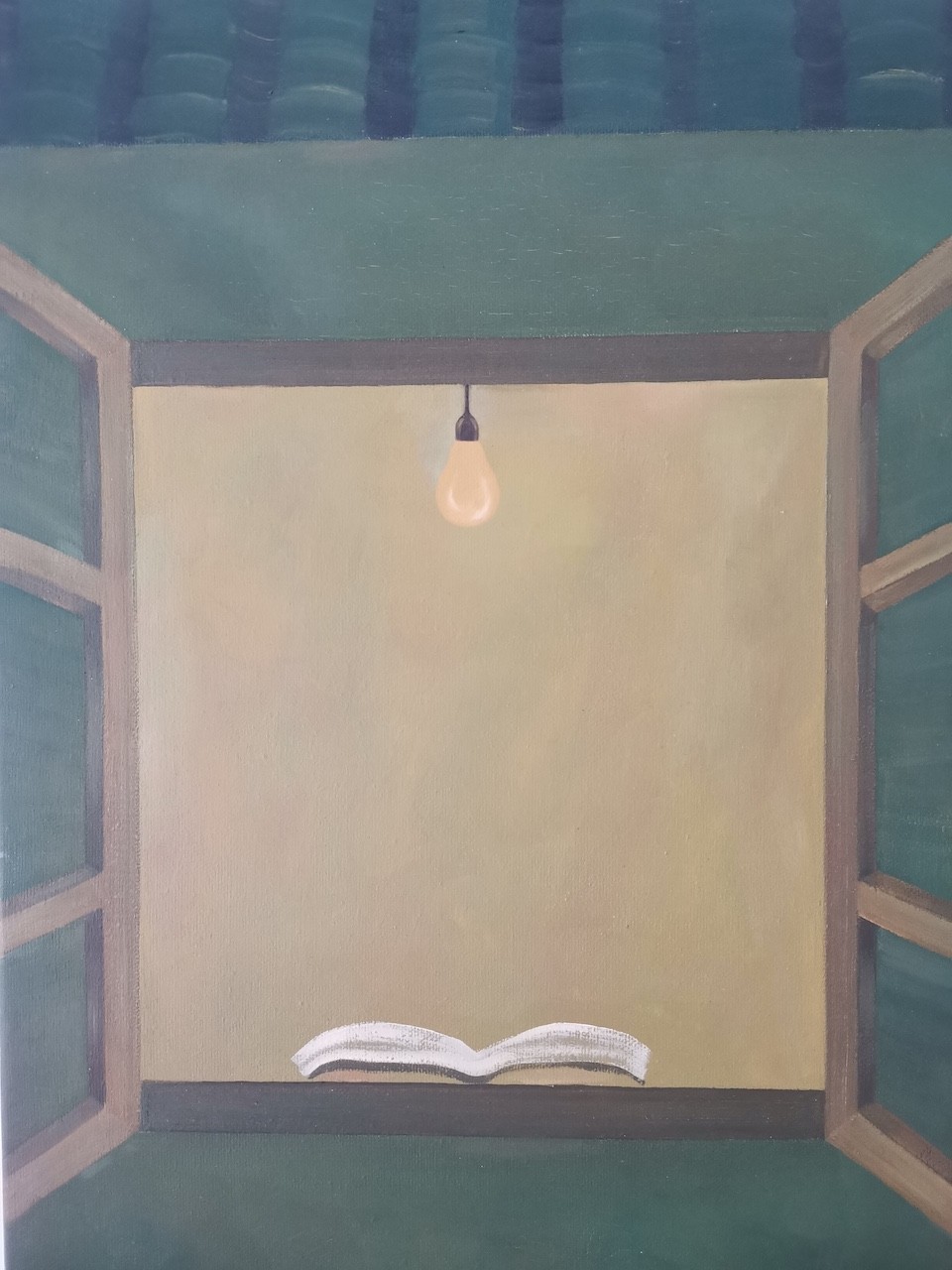 A surreal painting of an open window revealing a small room with a single lightbulb and an open book.