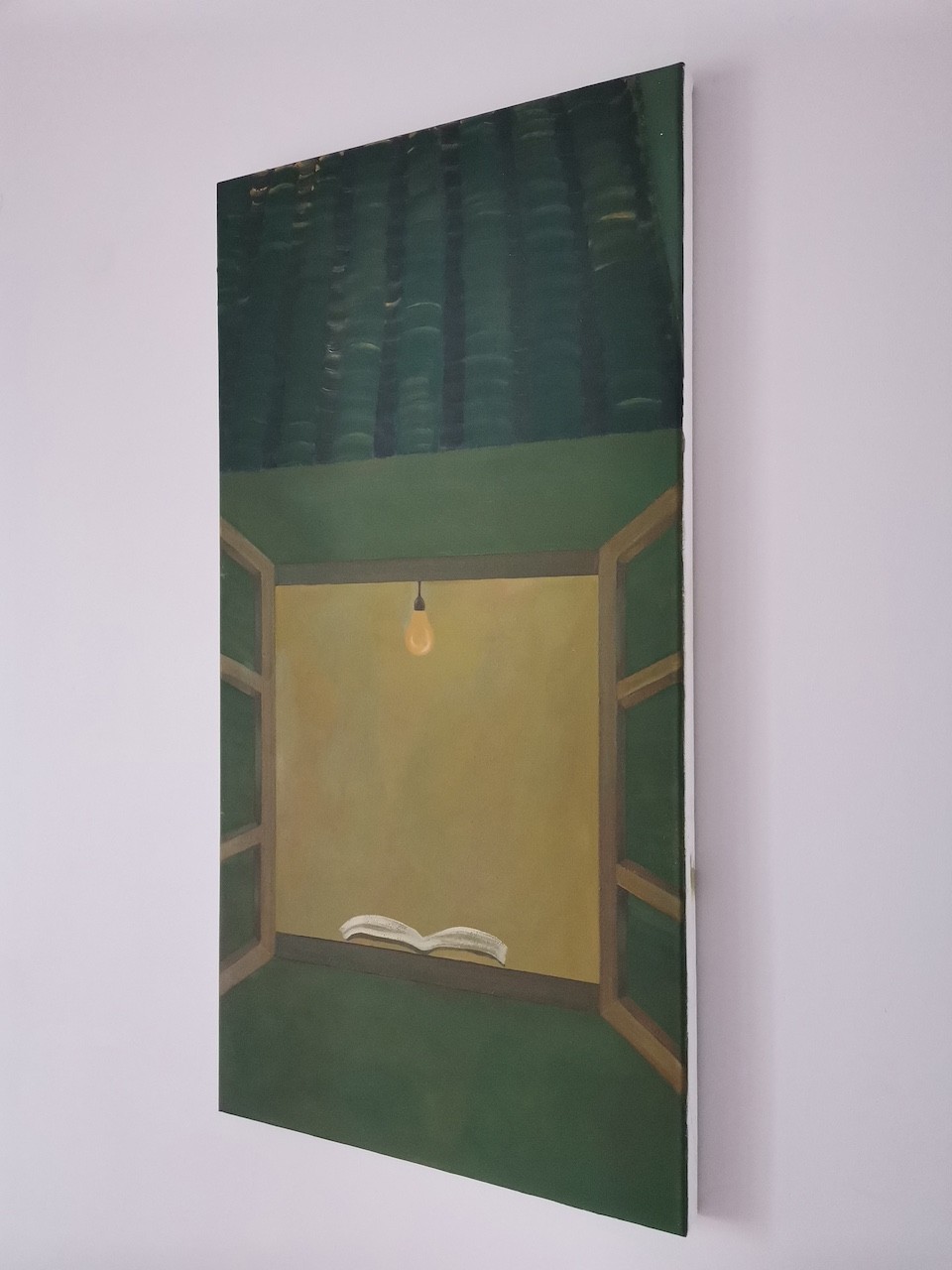 A surreal painting of an open window revealing a small room with a single lightbulb and an open book.