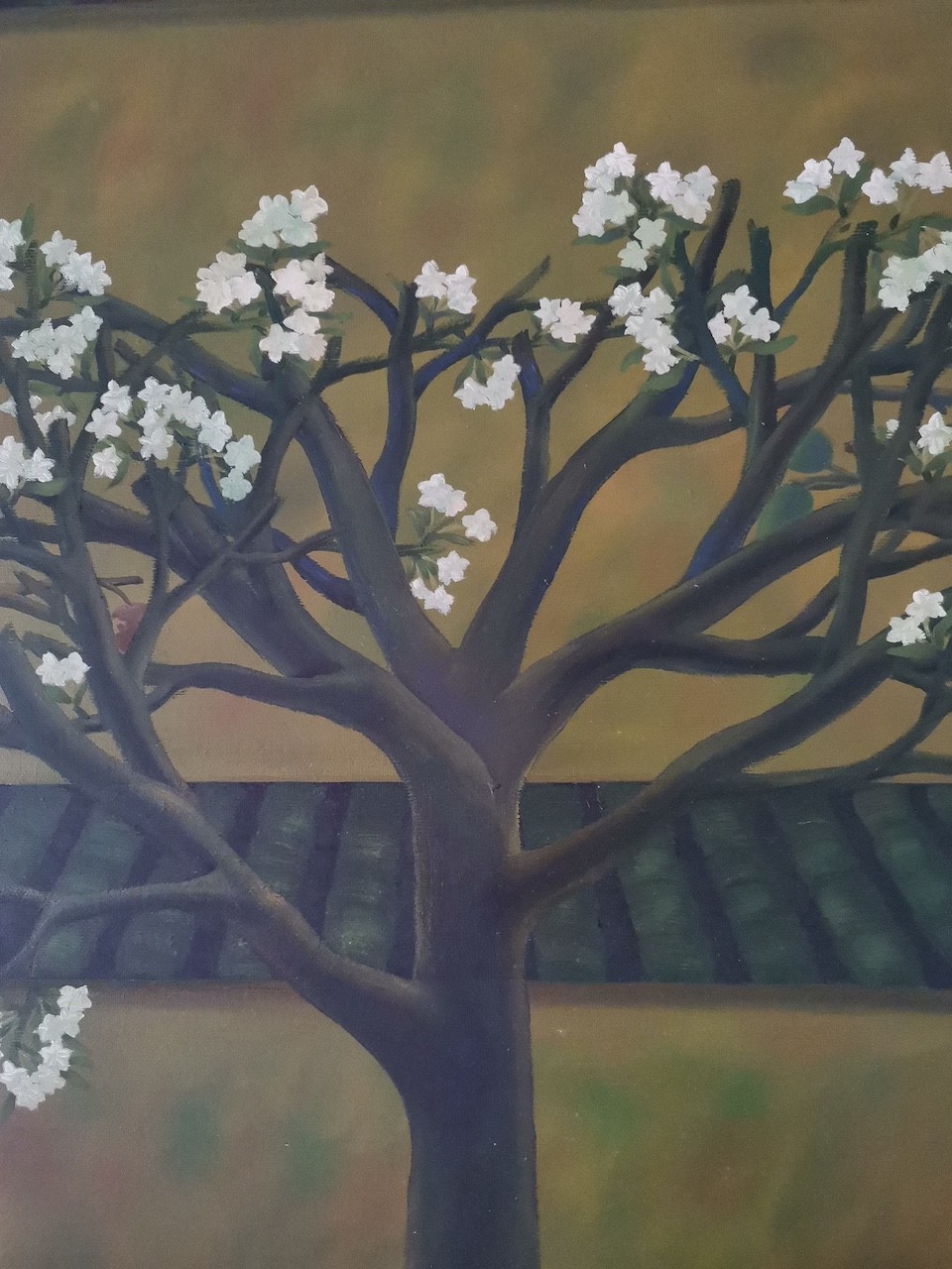 A vertical painting of a blossoming tree against a layered background of green and yellow tones.