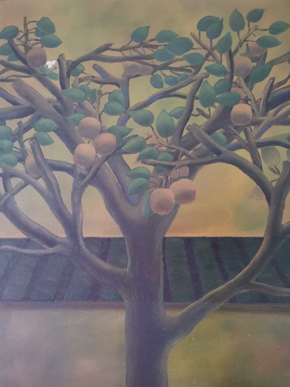 A vertical painting of a tree with round fruits against a layered background of roof tiles and grass.