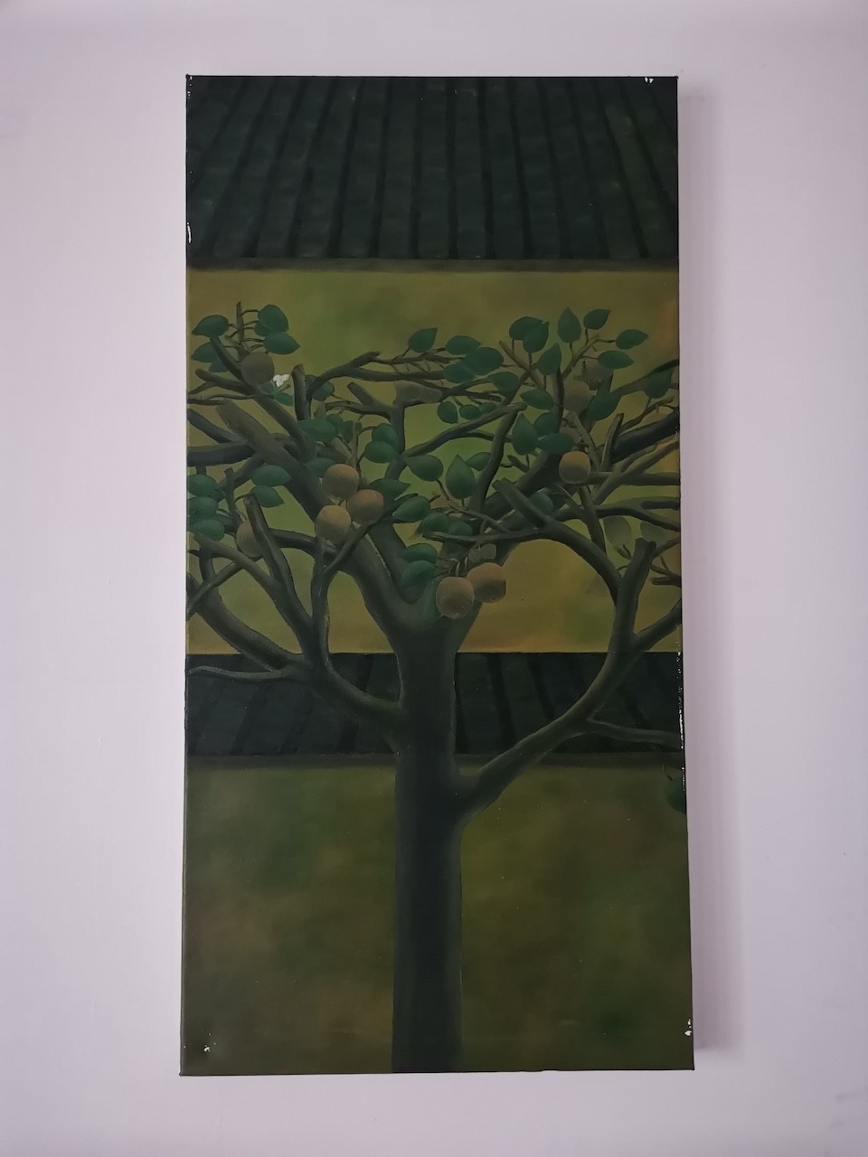 A vertical painting of a tree with round fruits against a layered background of roof tiles and grass.