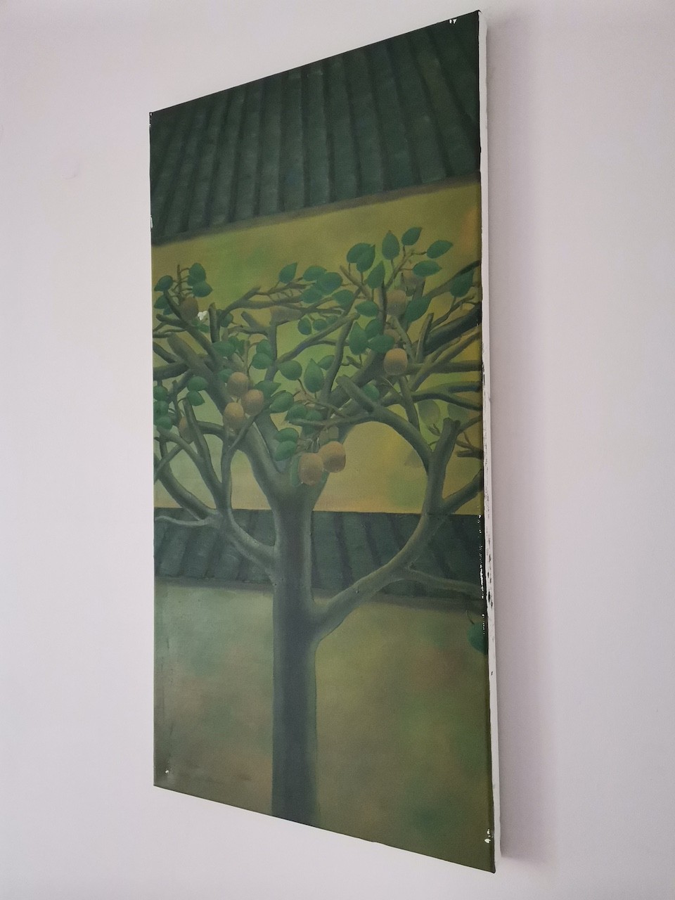 A vertical painting of a tree with round fruits against a layered background of roof tiles and grass.