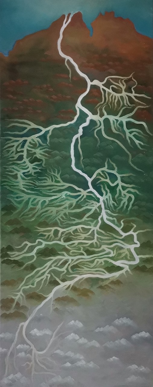 A vertical painting of a lightning bolt branching into tree-like roots against a mountainous landscape.