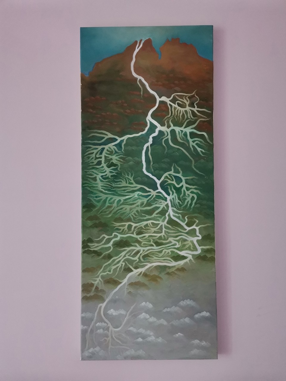 A vertical painting of a lightning bolt branching into tree-like roots against a mountainous landscape.