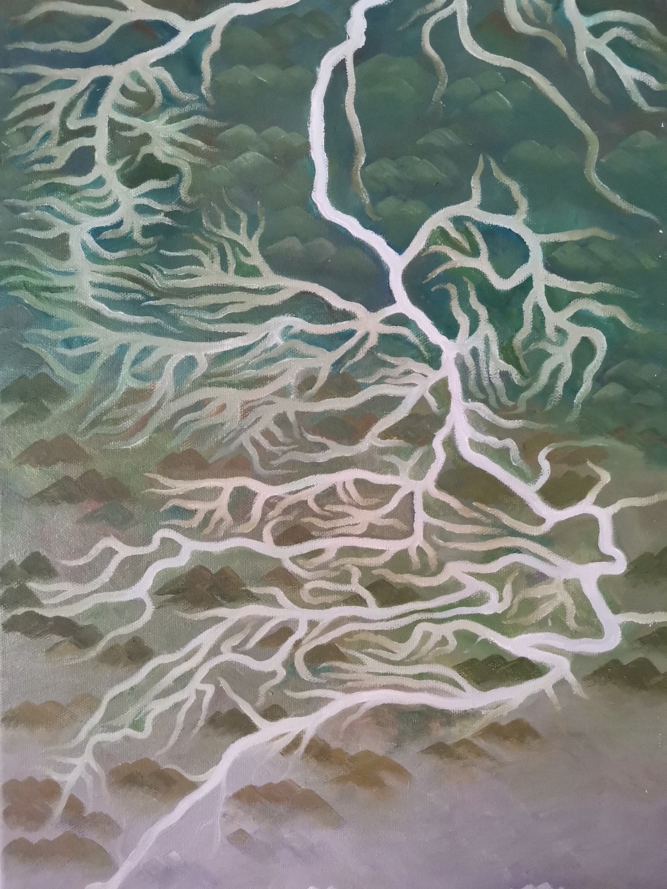 A vertical painting of a lightning bolt branching into tree-like roots against a mountainous landscape.