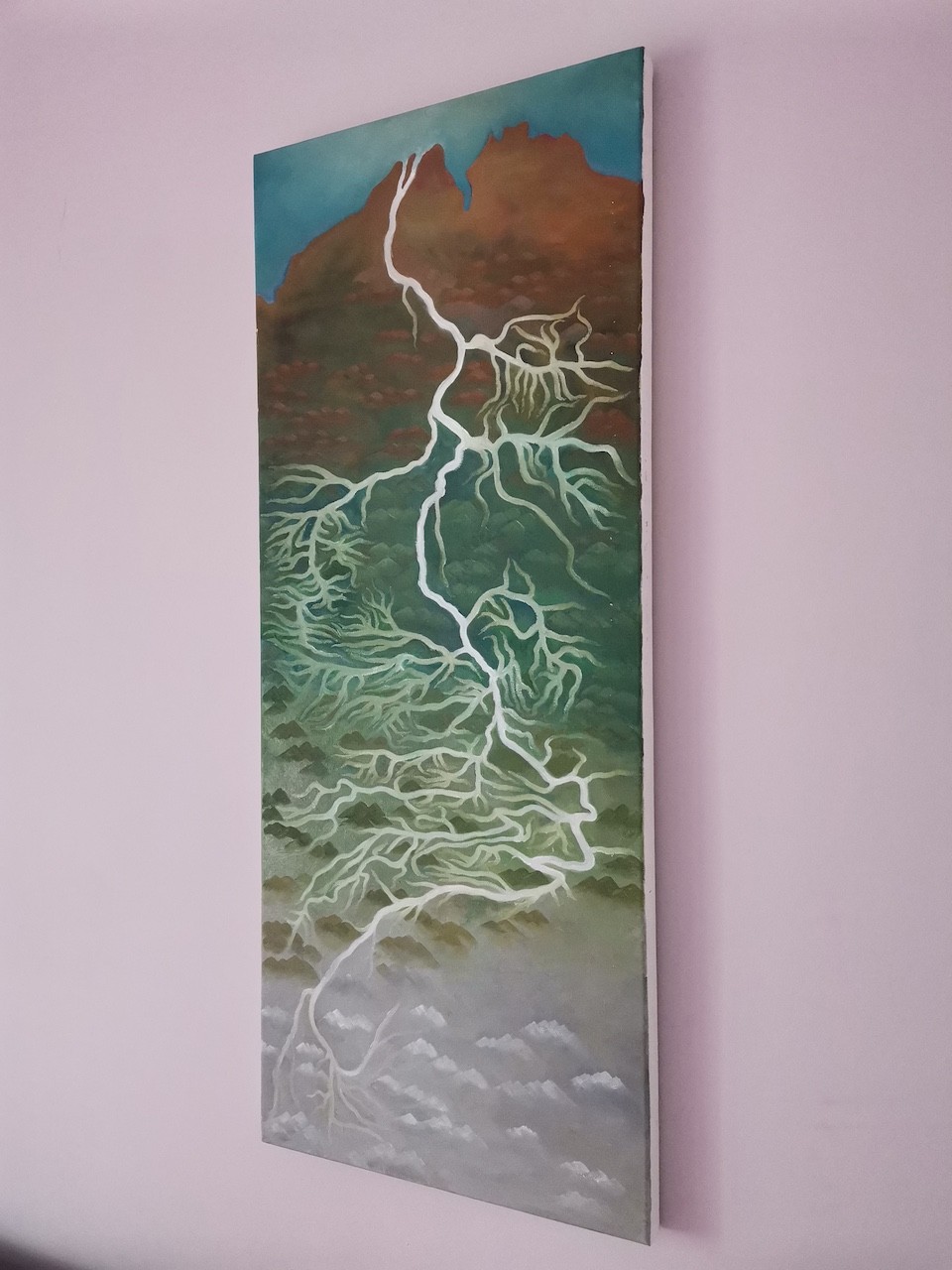A vertical painting of a lightning bolt branching into tree-like roots against a mountainous landscape.